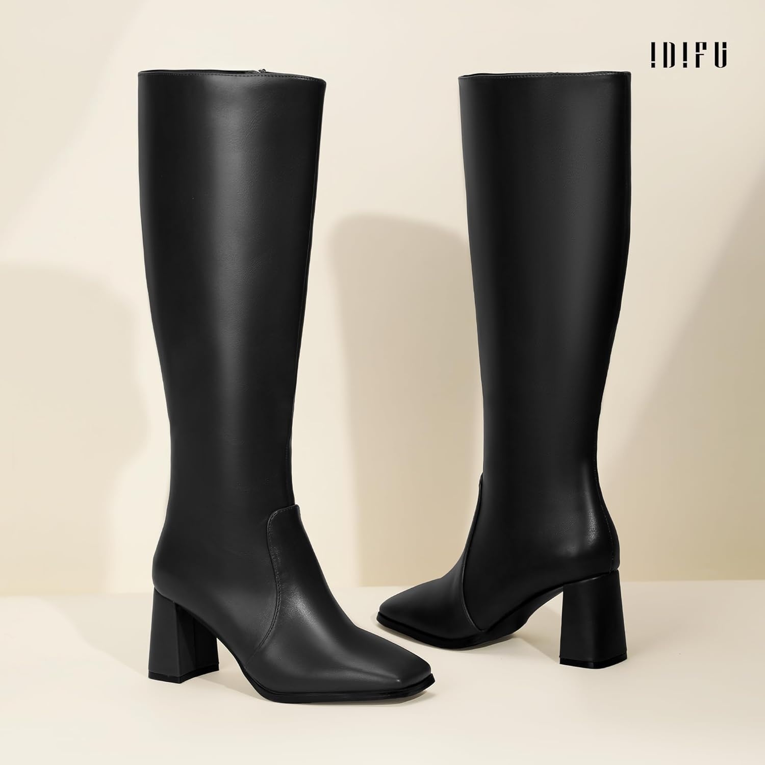 image:imageIDIFU IN3 Knee High Boots for Women Square Toe GoGo Chunky High Heeled Tall Long Fall Boot with Side Zipper Dress Comfortable Fashion Pull On Small Thick Heel BootsNew Fashion Black Pu