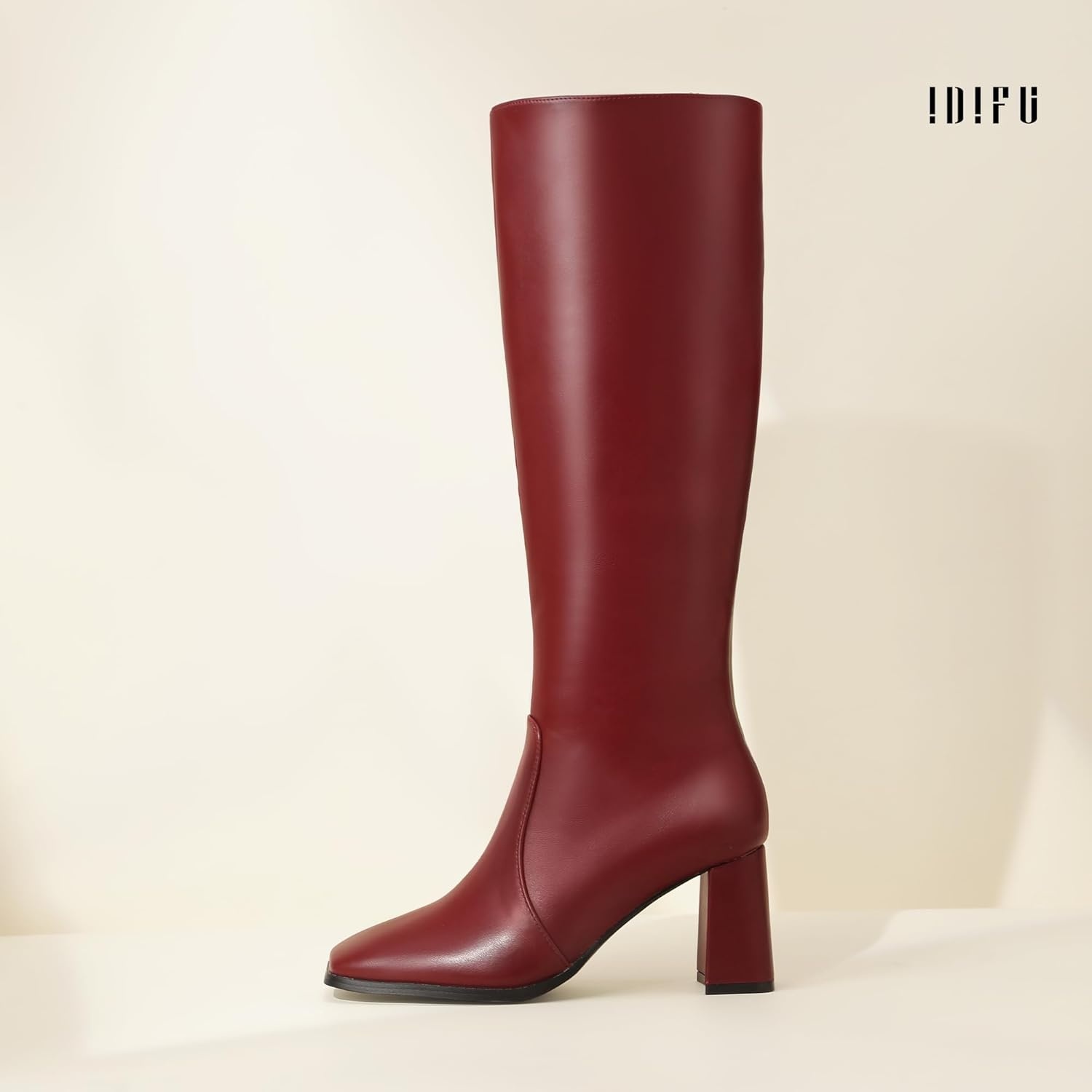 image:imageIDIFU IN3 Knee High Boots for Women Square Toe GoGo Chunky High Heeled Tall Long Fall Boot with Side Zipper Dress Comfortable Fashion Pull On Small Thick Heel BootsNew Fashion Red Pu