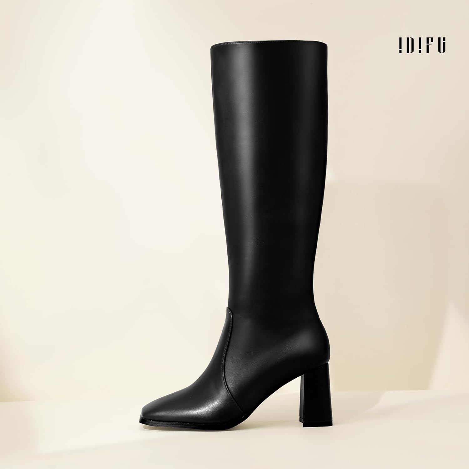 image:imageIDIFU IN3 Knee High Boots for Women Square Toe GoGo Chunky High Heeled Tall Long Fall Boot with Side Zipper Dress Comfortable Fashion Pull On Small Thick Heel BootsNew Fashion Black Pu