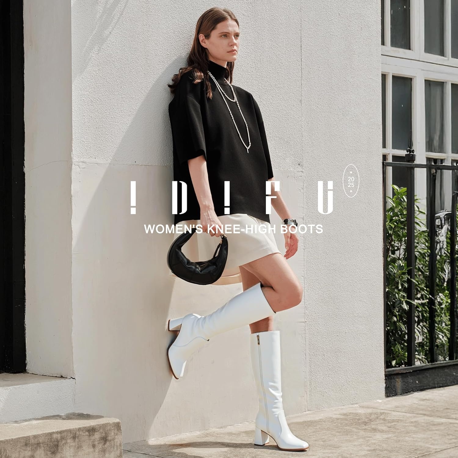 image:imageIDIFU IN3 Knee High Boots for Women Square Toe GoGo Chunky High Heeled Tall Long Fall Boot with Side Zipper Dress Comfortable Fashion Pull On Small Thick Heel BootsNew Fashion White Pu