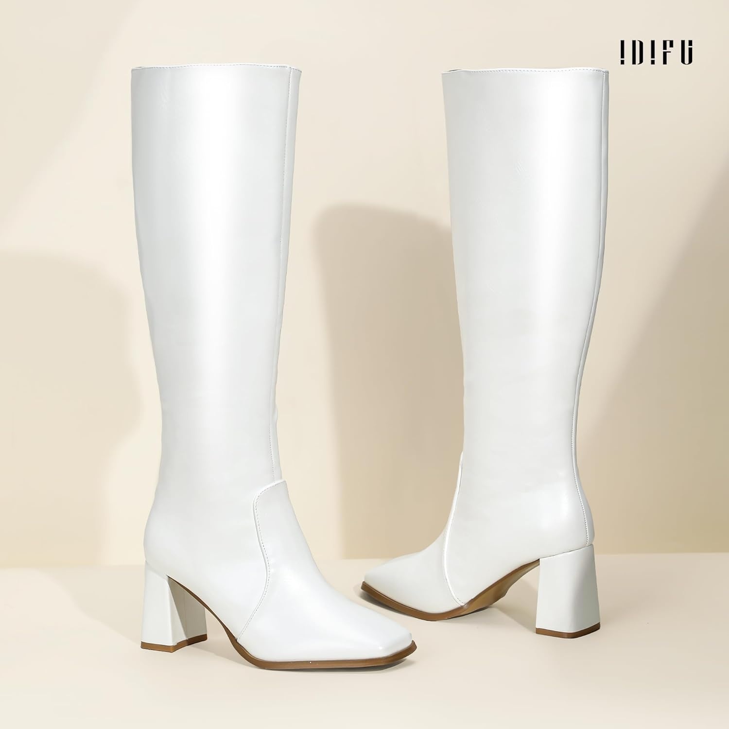 image:imageIDIFU IN3 Knee High Boots for Women Square Toe GoGo Chunky High Heeled Tall Long Fall Boot with Side Zipper Dress Comfortable Fashion Pull On Small Thick Heel BootsNew Fashion White Pu