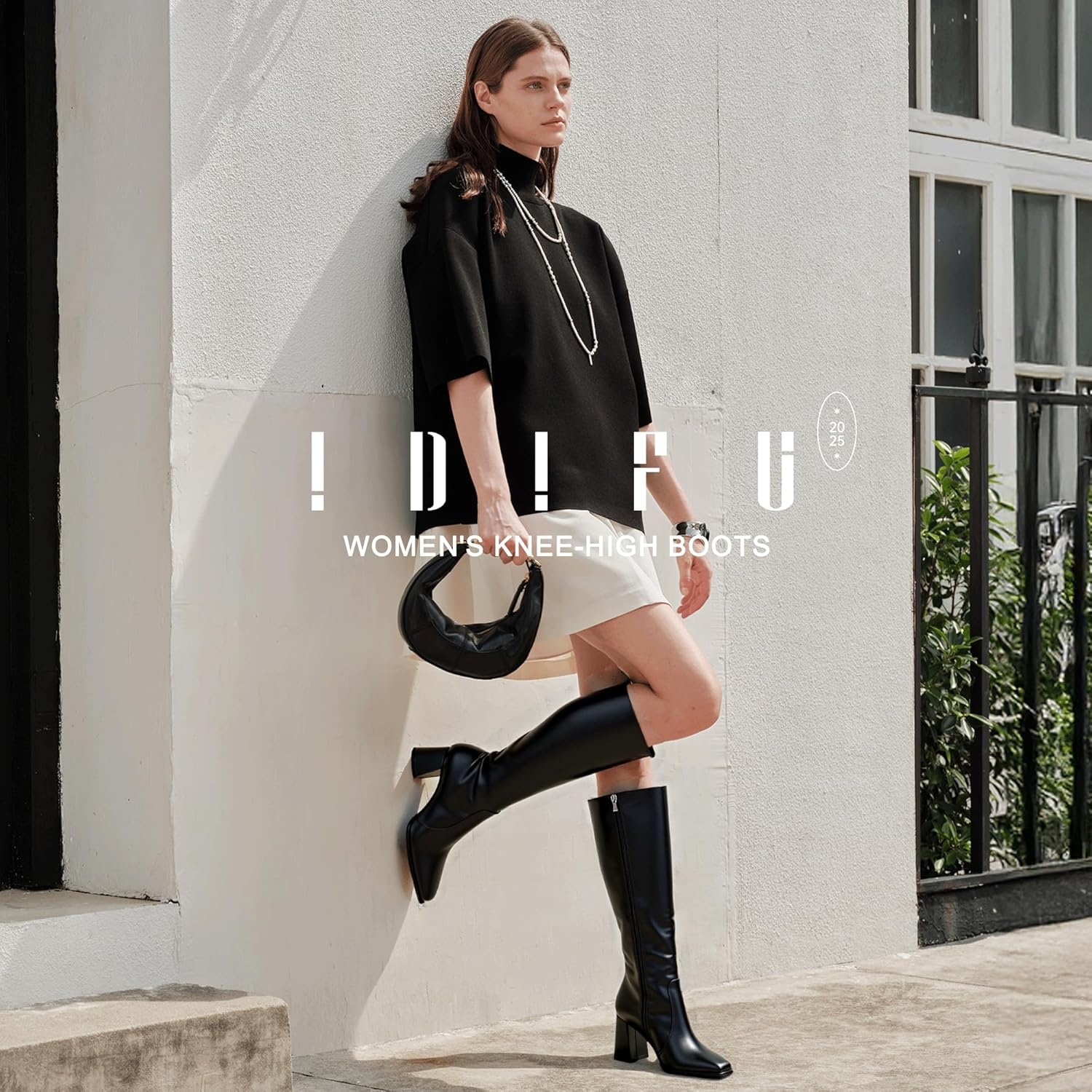 image:imageIDIFU IN3 Knee High Boots for Women Square Toe GoGo Chunky High Heeled Tall Long Fall Boot with Side Zipper Dress Comfortable Fashion Pull On Small Thick Heel BootsNew Fashion Black Pu