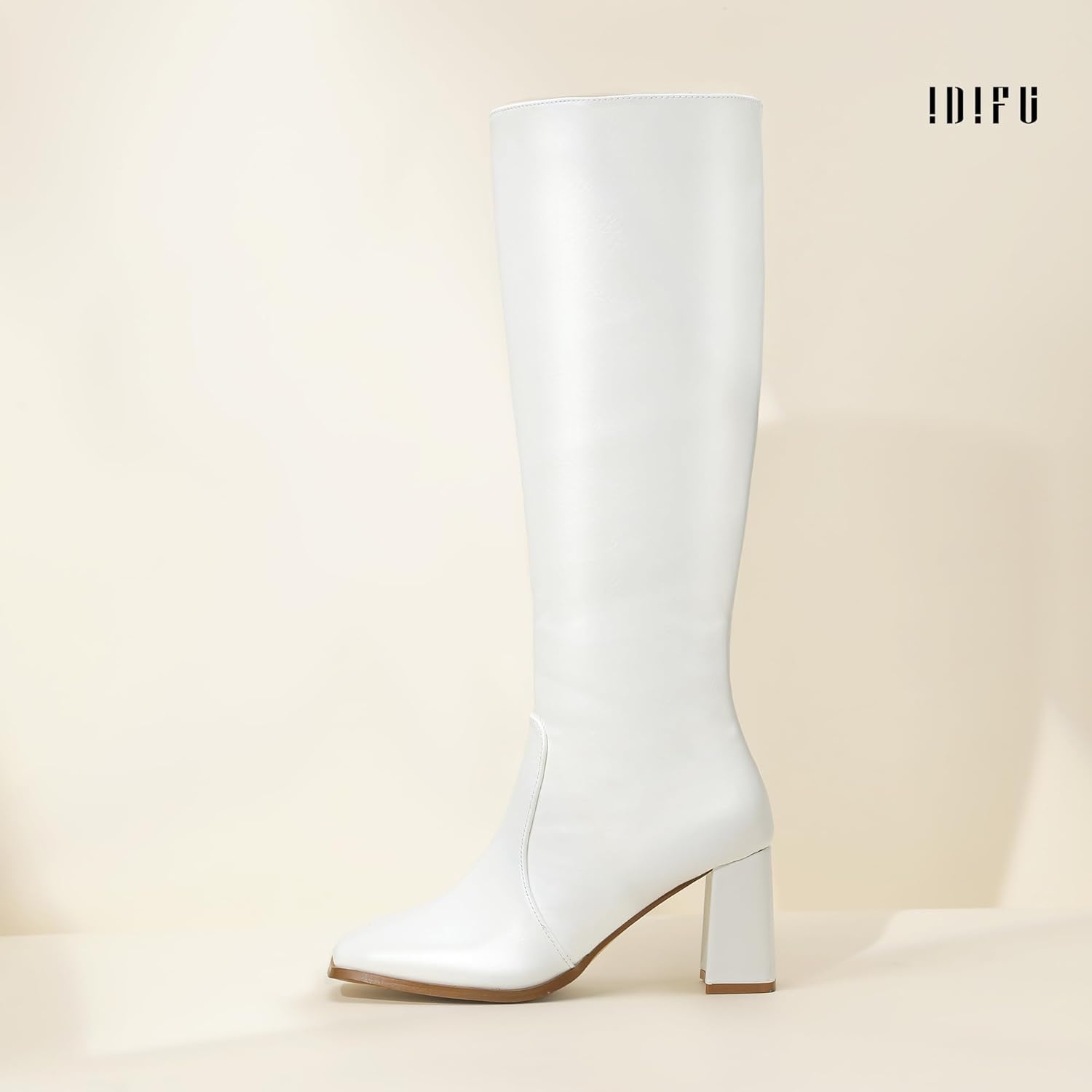 image:imageIDIFU IN3 Knee High Boots for Women Square Toe GoGo Chunky High Heeled Tall Long Fall Boot with Side Zipper Dress Comfortable Fashion Pull On Small Thick Heel BootsNew Fashion White Pu
