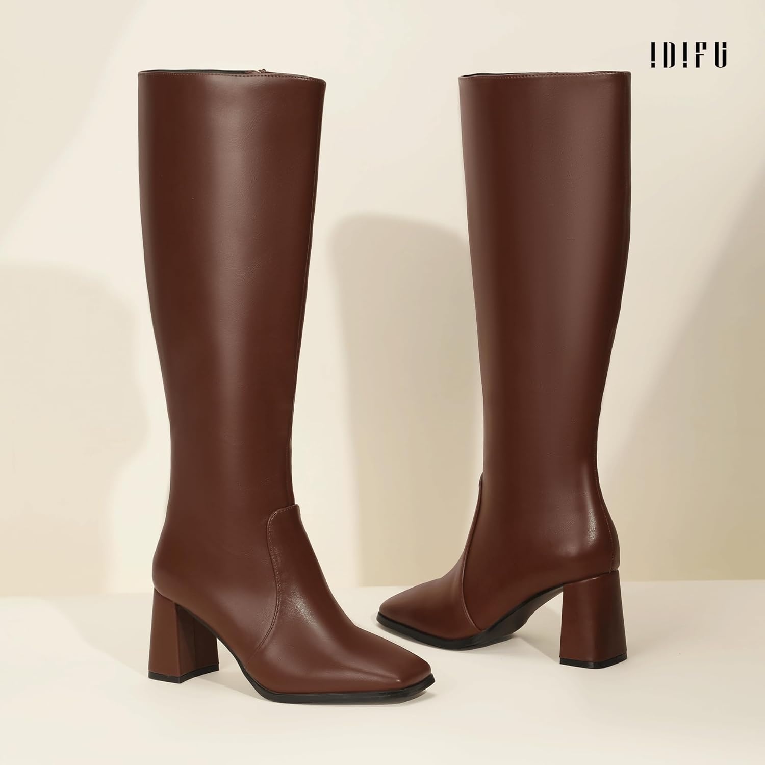 image:imageIDIFU IN3 Knee High Boots for Women Square Toe GoGo Chunky High Heeled Tall Long Fall Boot with Side Zipper Dress Comfortable Fashion Pull On Small Thick Heel BootsNew Fashion Brown Pu