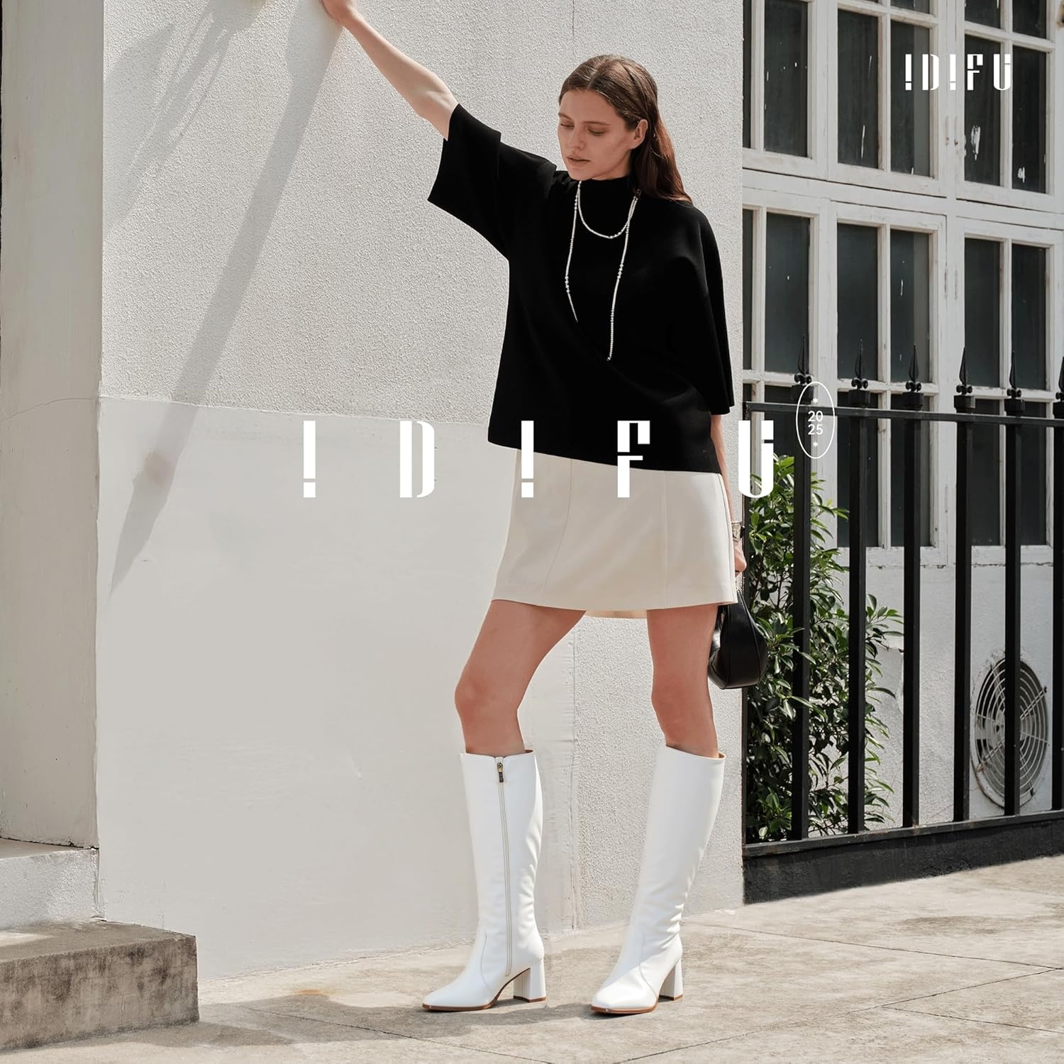 image:imageIDIFU IN3 Knee High Boots for Women Square Toe GoGo Chunky High Heeled Tall Long Fall Boot with Side Zipper Dress Comfortable Fashion Pull On Small Thick Heel BootsNew Fashion White Pu