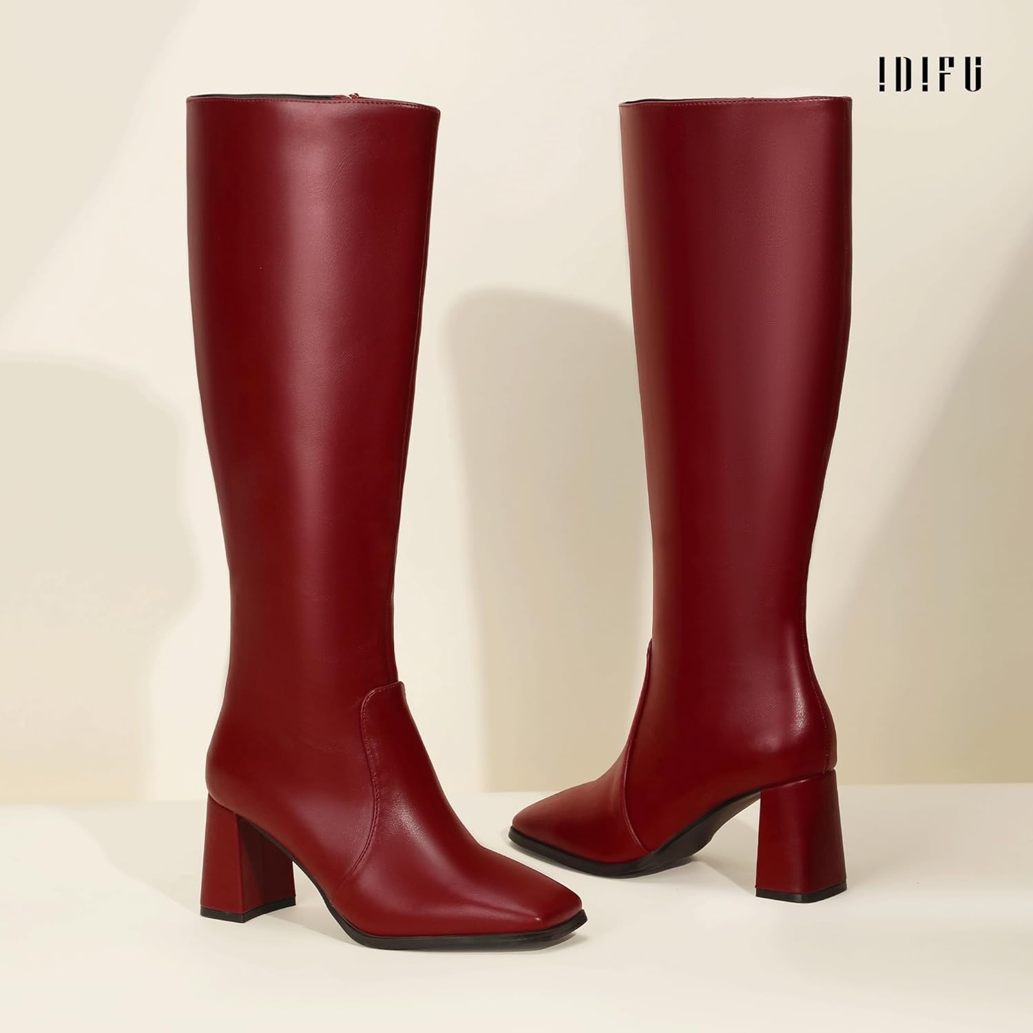 image:imageIDIFU IN3 Knee High Boots for Women Square Toe GoGo Chunky High Heeled Tall Long Fall Boot with Side Zipper Dress Comfortable Fashion Pull On Small Thick Heel BootsNew Fashion Red Pu