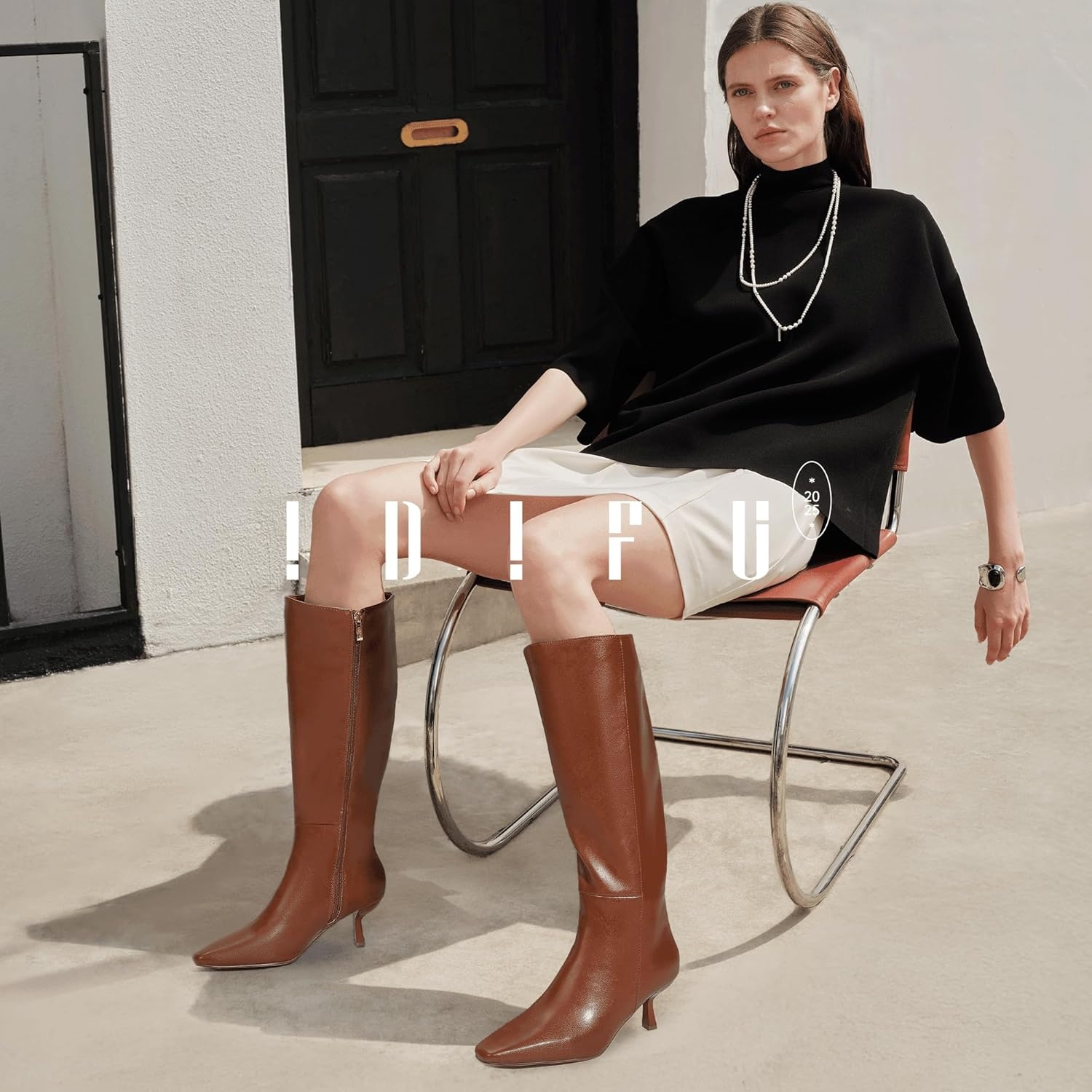 image:imageIDIFU IN3 Knee High Boots for Women Square Toe Low Kitten Heel Tall Long Fall Boot with Side Zipper Dress Comfortable Fashion Pull On Small Heel GoGo Heeled BootsBrown Pu