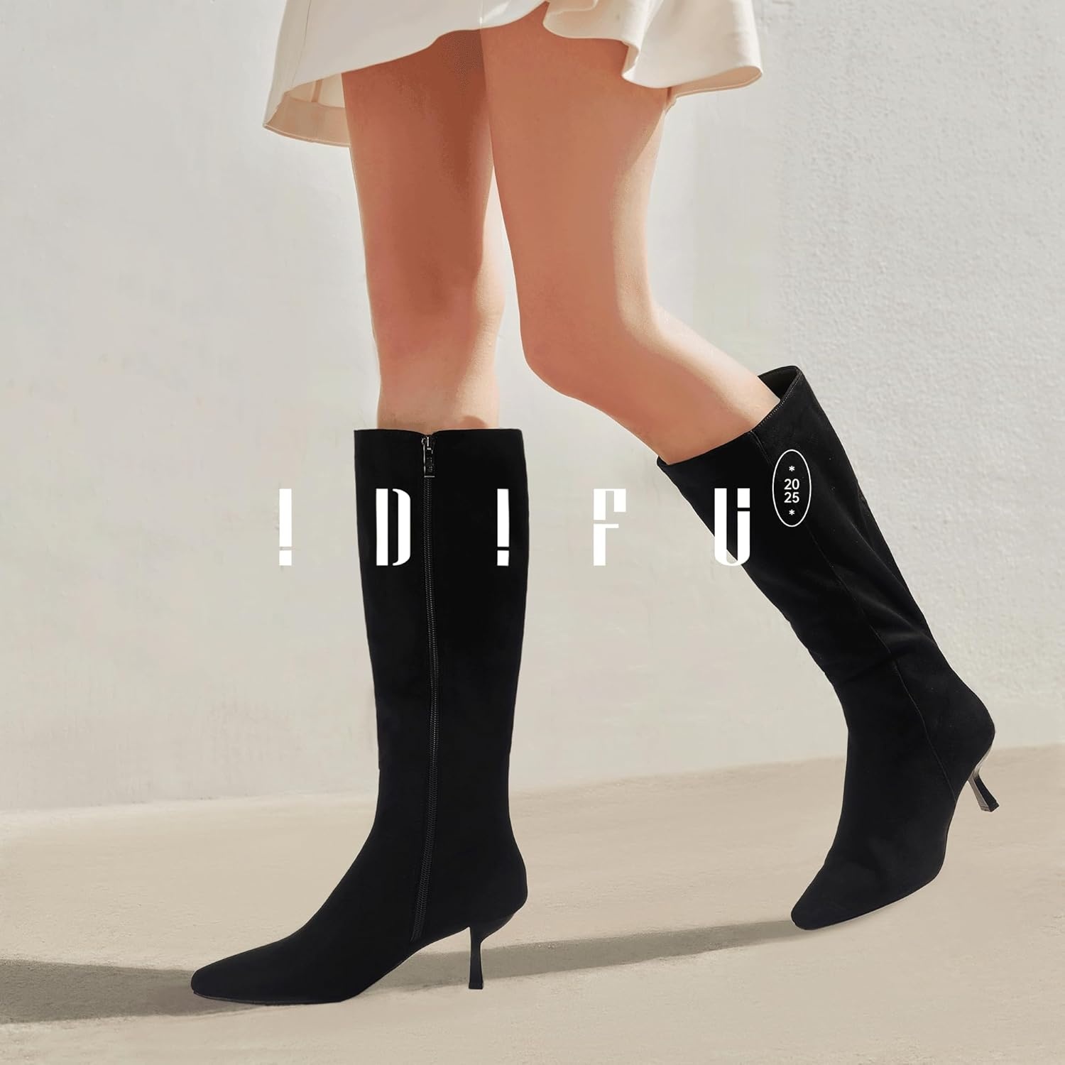 image:imageIDIFU IN3 Knee High Boots for Women Square Toe Low Kitten Heel Tall Long Fall Boot with Side Zipper Dress Comfortable Fashion Pull On Small Heel GoGo Heeled BootsBlack Suede