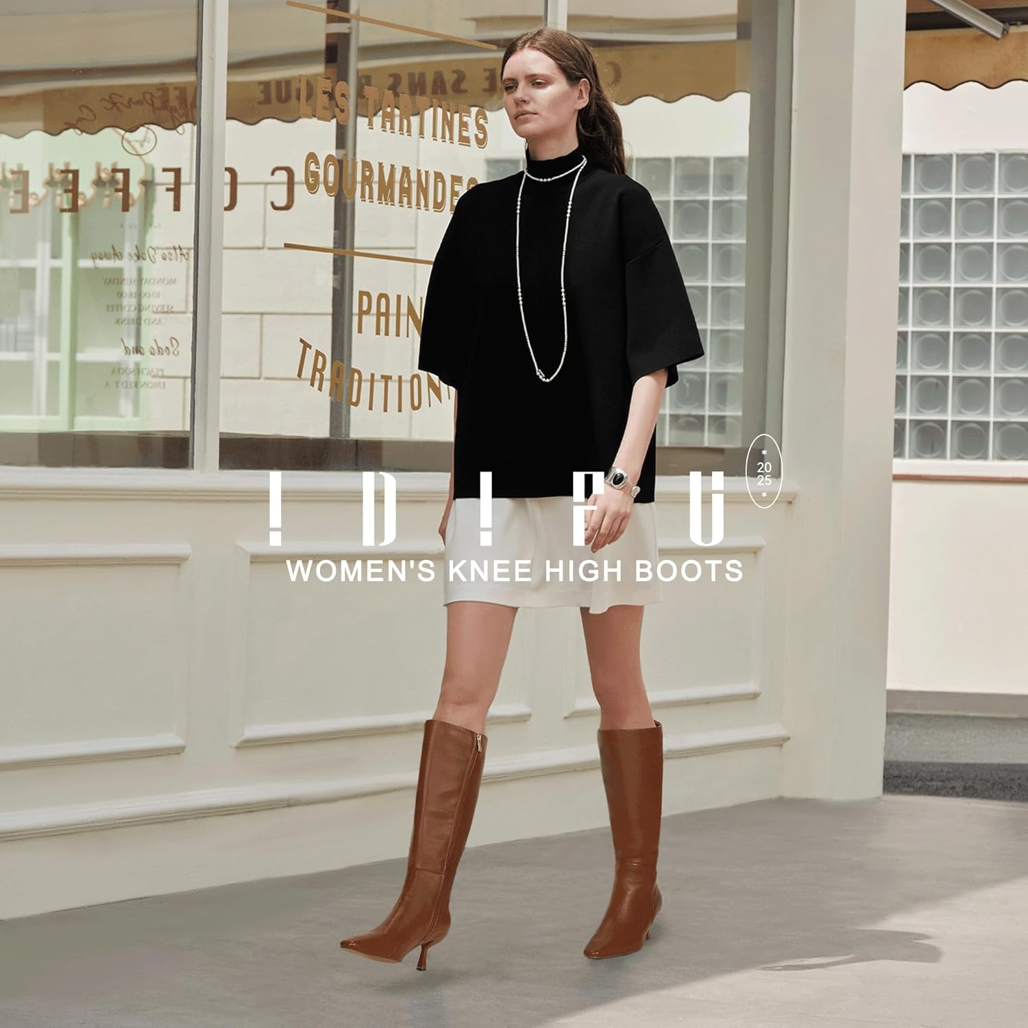 image:imageIDIFU IN3 Knee High Boots for Women Square Toe Low Kitten Heel Tall Long Fall Boot with Side Zipper Dress Comfortable Fashion Pull On Small Heel GoGo Heeled BootsBrown Pu
