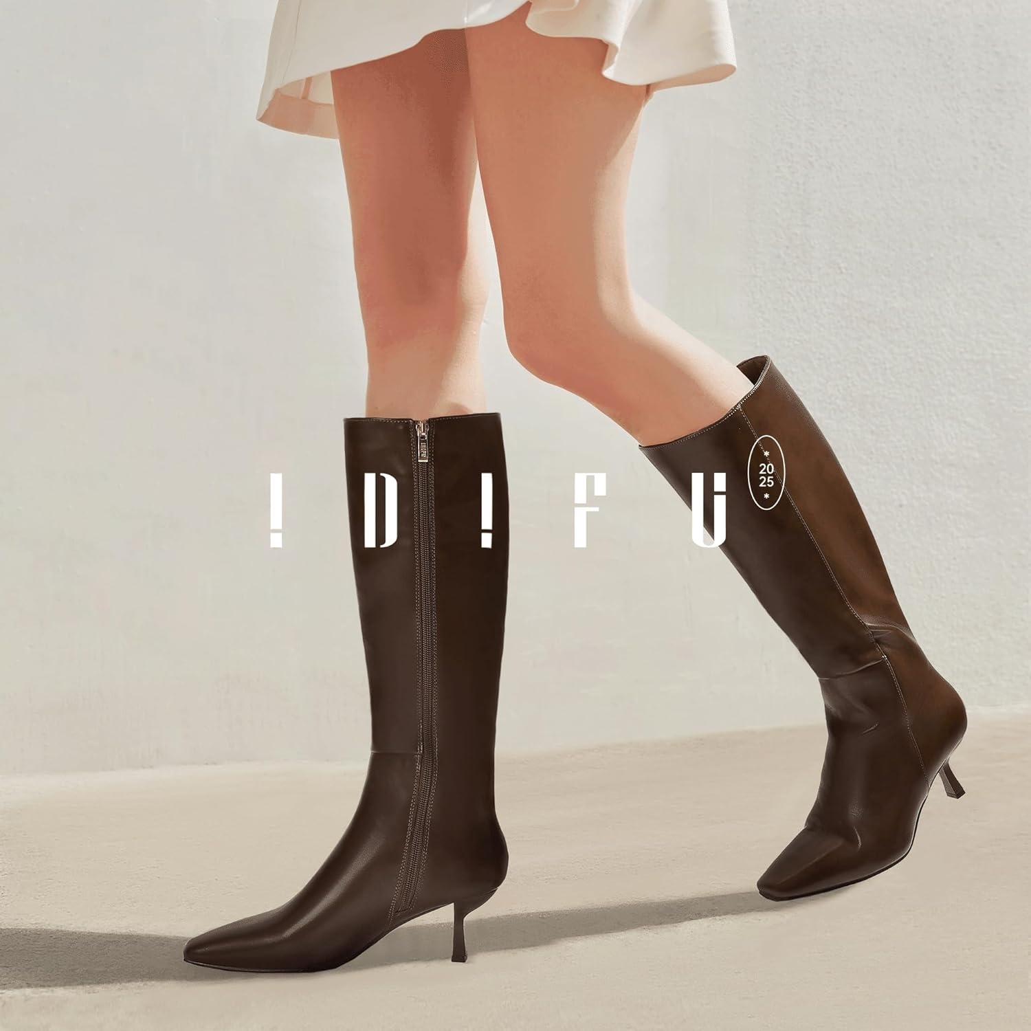 image:imageIDIFU IN3 Knee High Boots for Women Square Toe Low Kitten Heel Tall Long Fall Boot with Side Zipper Dress Comfortable Fashion Pull On Small Heel GoGo Heeled BootsDark Brown Pu
