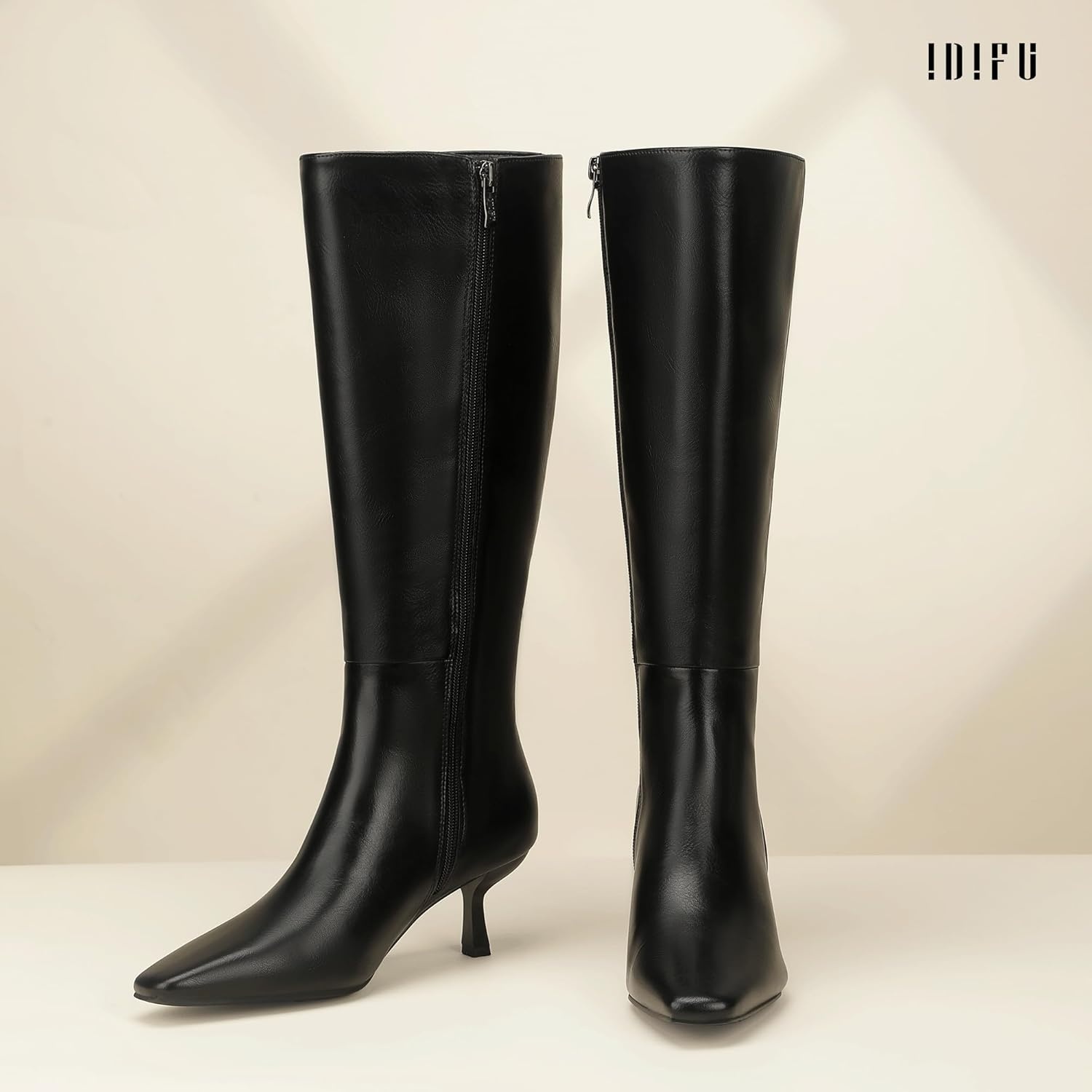 image:imageIDIFU IN3 Knee High Boots for Women Square Toe Low Kitten Heel Tall Long Fall Boot with Side Zipper Dress Comfortable Fashion Pull On Small Heel GoGo Heeled BootsBlack Pu
