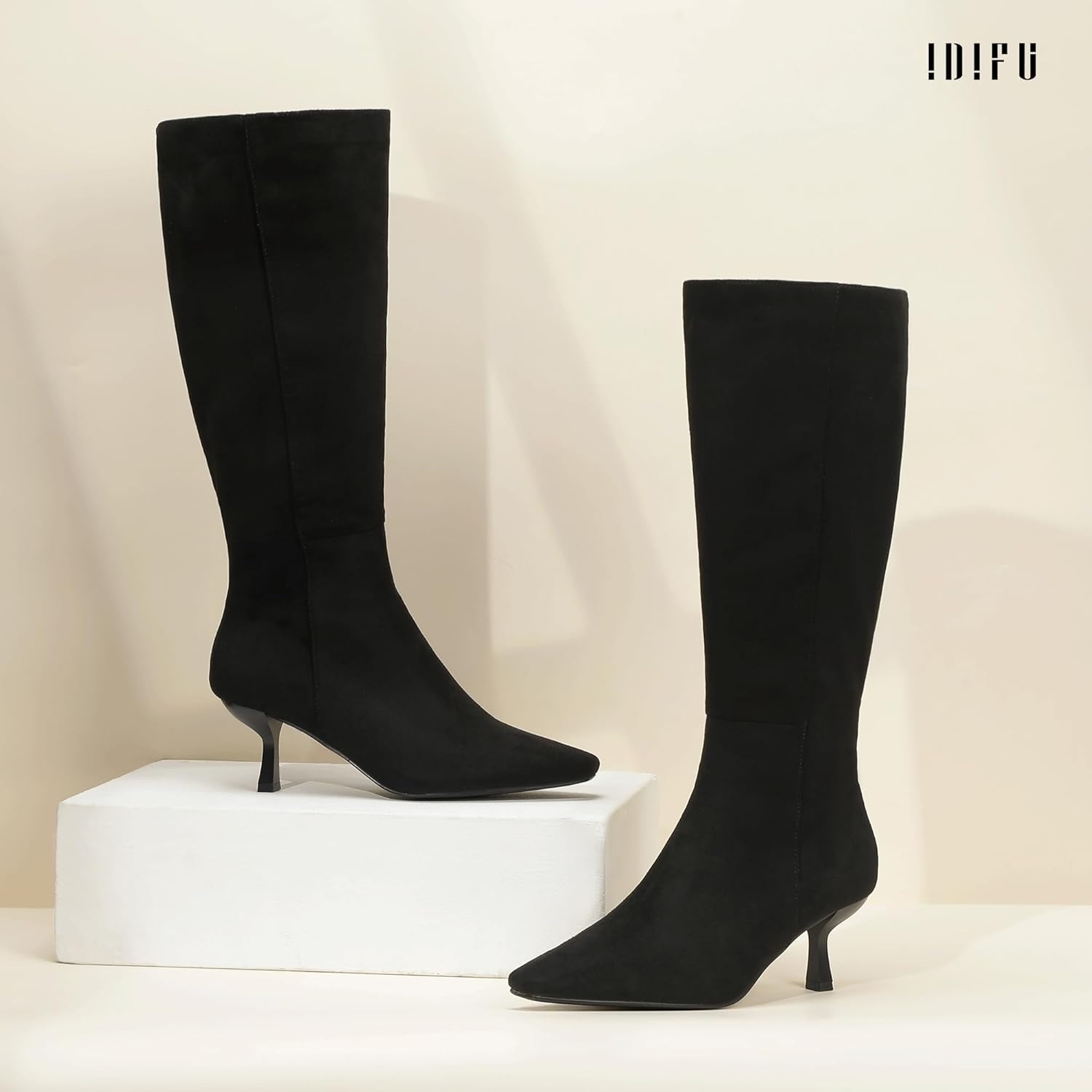 image:imageIDIFU IN3 Knee High Boots for Women Square Toe Low Kitten Heel Tall Long Fall Boot with Side Zipper Dress Comfortable Fashion Pull On Small Heel GoGo Heeled BootsBlack Suede