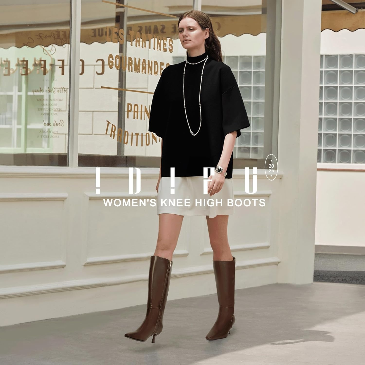 image:imageIDIFU IN3 Knee High Boots for Women Square Toe Low Kitten Heel Tall Long Fall Boot with Side Zipper Dress Comfortable Fashion Pull On Small Heel GoGo Heeled BootsDark Brown Pu