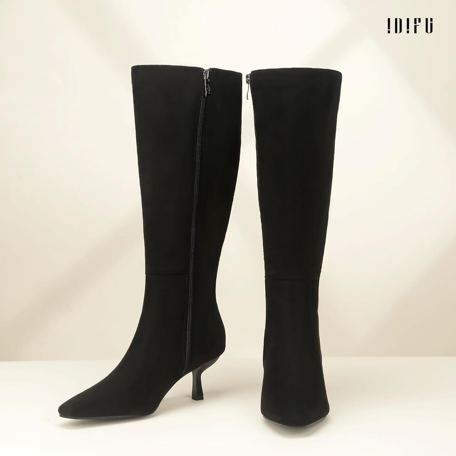image:imageIDIFU IN3 Knee High Boots for Women Square Toe Low Kitten Heel Tall Long Fall Boot with Side Zipper Dress Comfortable Fashion Pull On Small Heel GoGo Heeled BootsBlack Suede