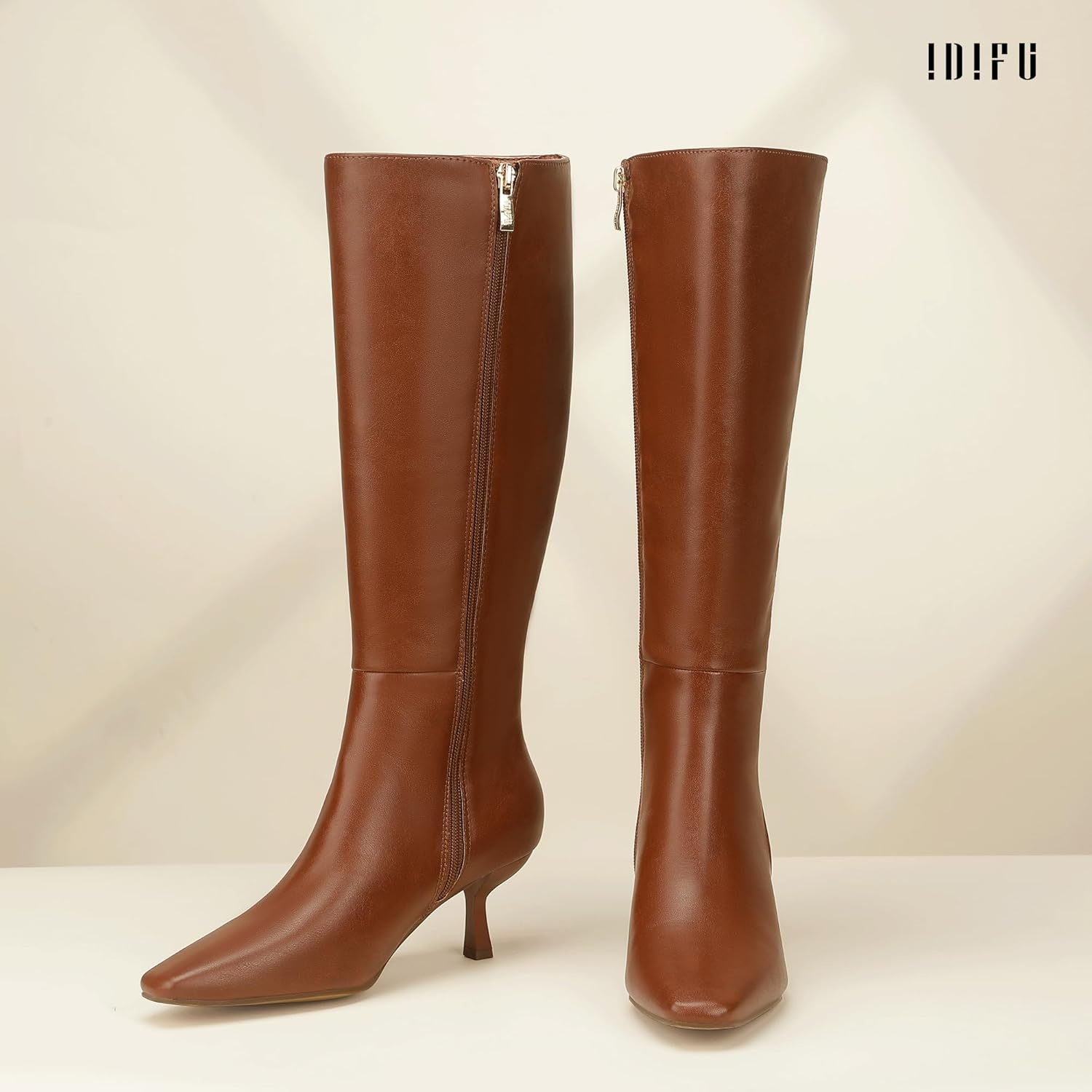 image:imageIDIFU IN3 Knee High Boots for Women Square Toe Low Kitten Heel Tall Long Fall Boot with Side Zipper Dress Comfortable Fashion Pull On Small Heel GoGo Heeled BootsBrown Pu