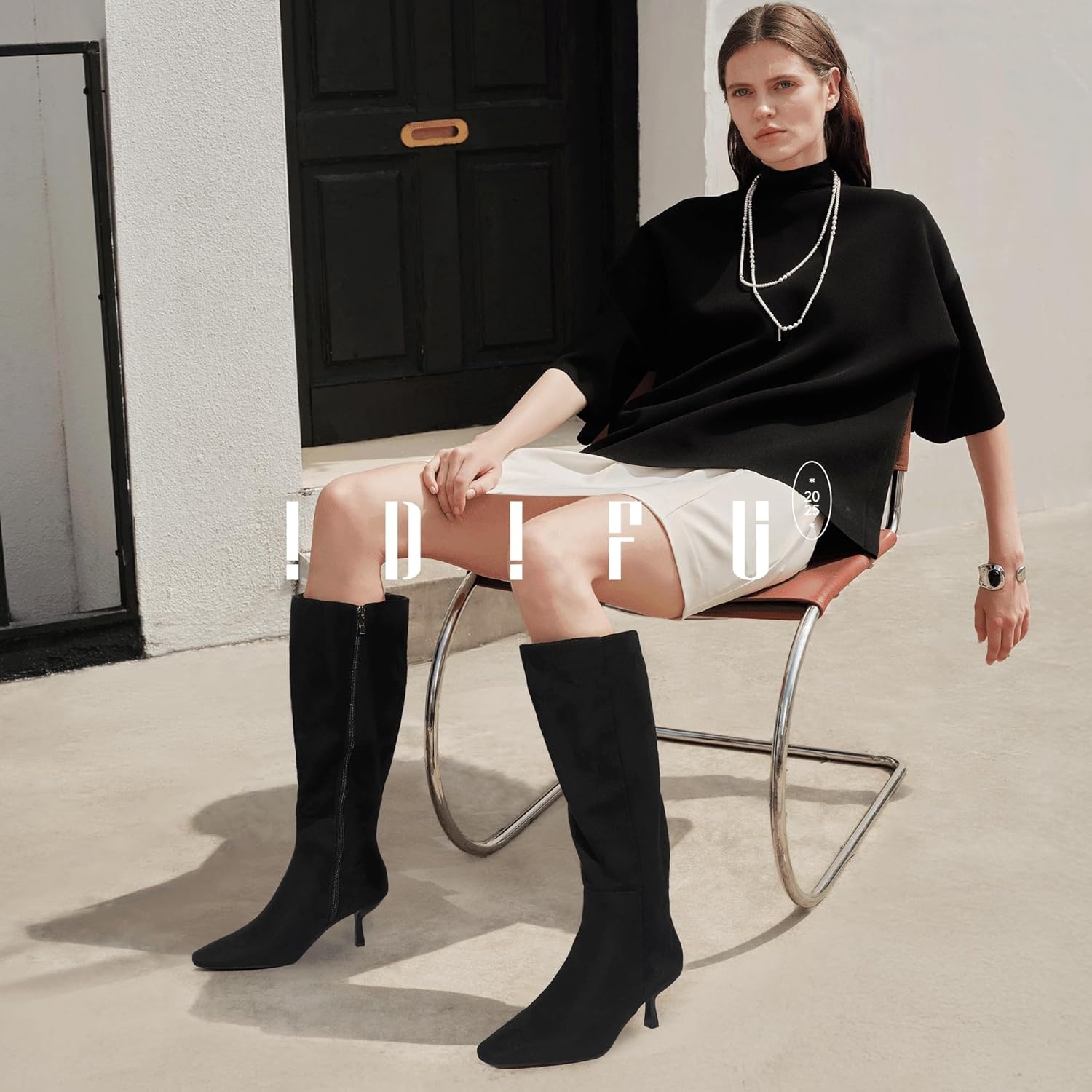 image:imageIDIFU IN3 Knee High Boots for Women Square Toe Low Kitten Heel Tall Long Fall Boot with Side Zipper Dress Comfortable Fashion Pull On Small Heel GoGo Heeled BootsBlack Suede
