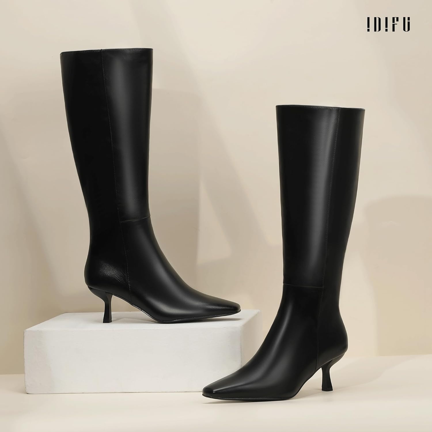 image:imageIDIFU IN3 Knee High Boots for Women Square Toe Low Kitten Heel Tall Long Fall Boot with Side Zipper Dress Comfortable Fashion Pull On Small Heel GoGo Heeled BootsBlack Pu