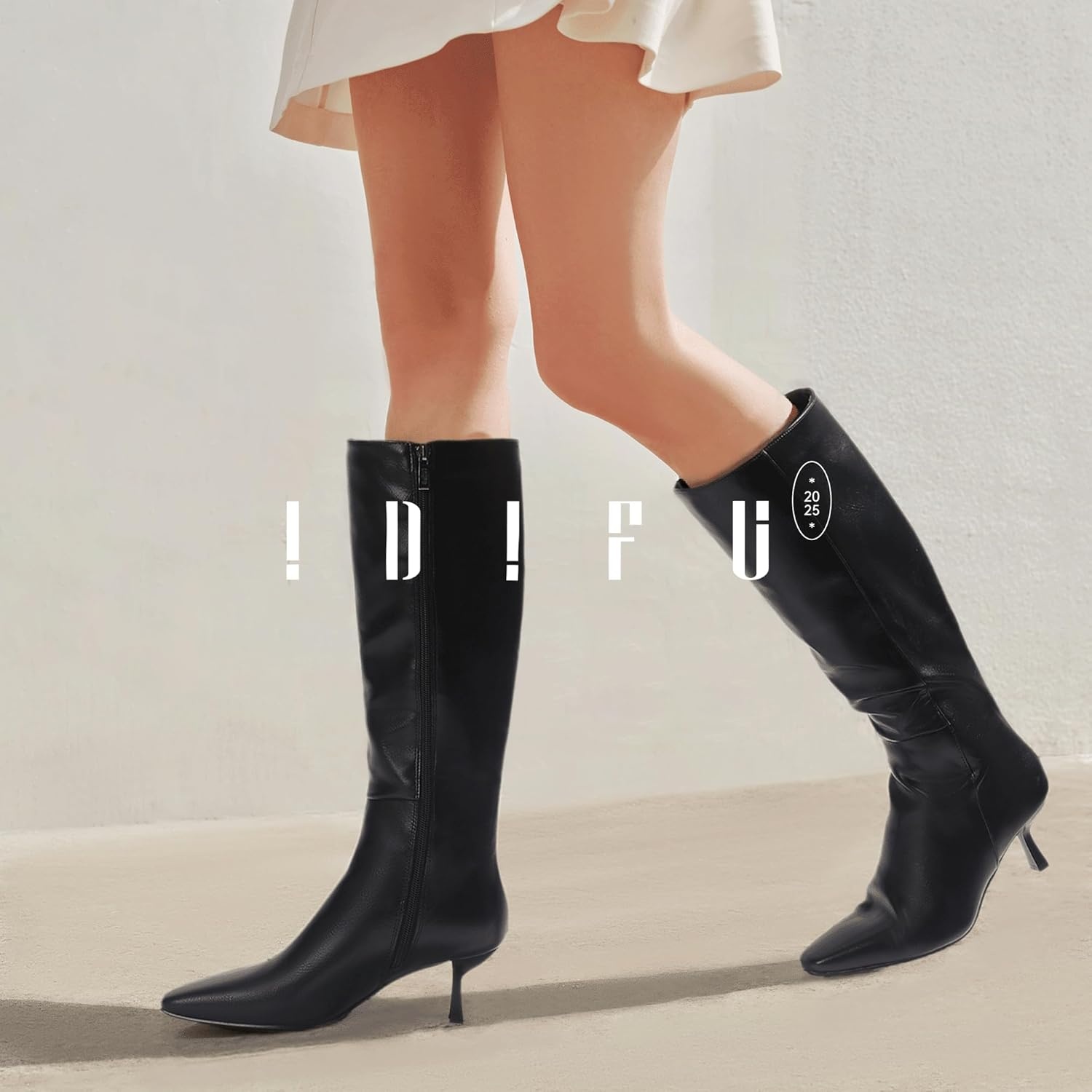 image:imageIDIFU IN3 Knee High Boots for Women Square Toe Low Kitten Heel Tall Long Fall Boot with Side Zipper Dress Comfortable Fashion Pull On Small Heel GoGo Heeled BootsBlack Pu