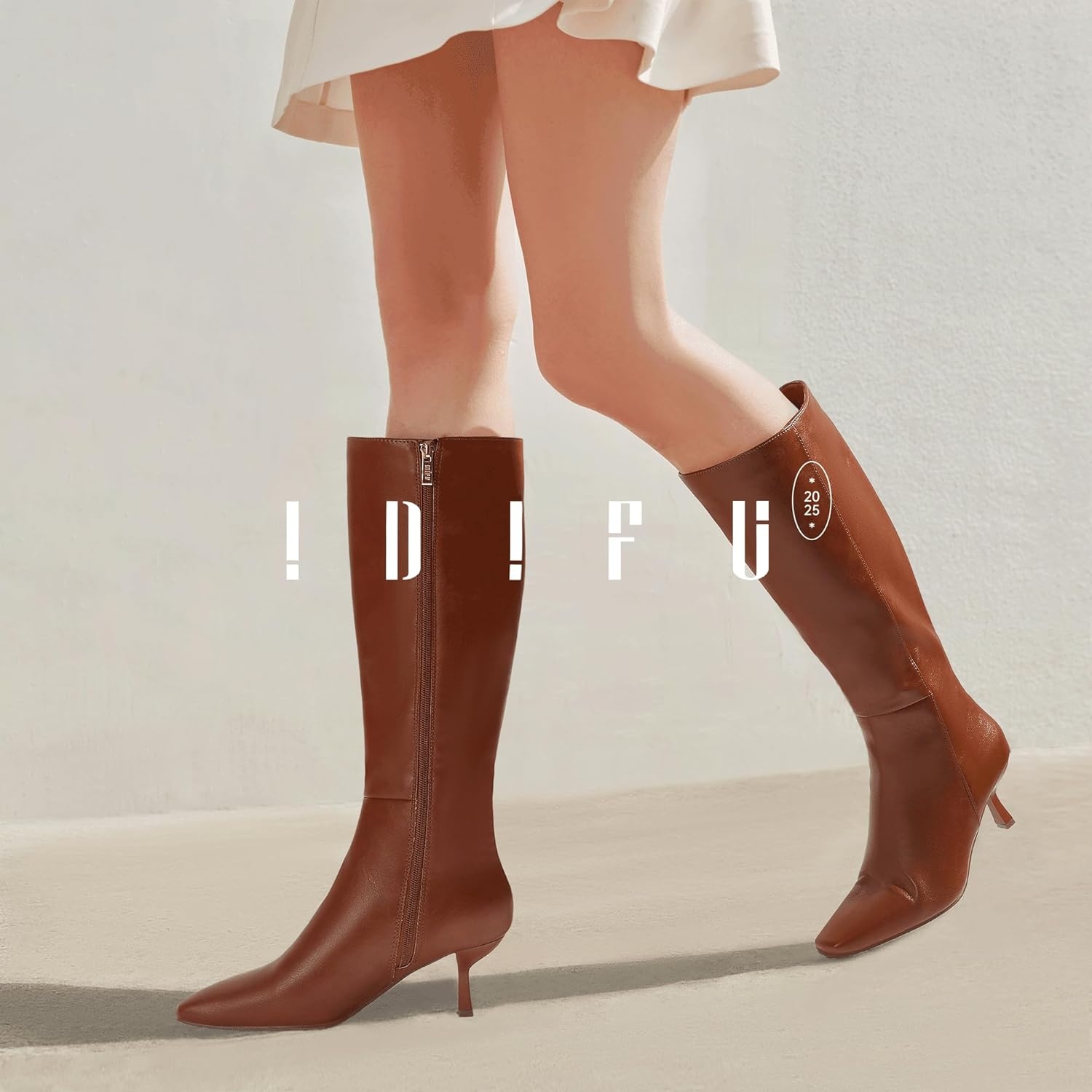 image:imageIDIFU IN3 Knee High Boots for Women Square Toe Low Kitten Heel Tall Long Fall Boot with Side Zipper Dress Comfortable Fashion Pull On Small Heel GoGo Heeled BootsBrown Pu