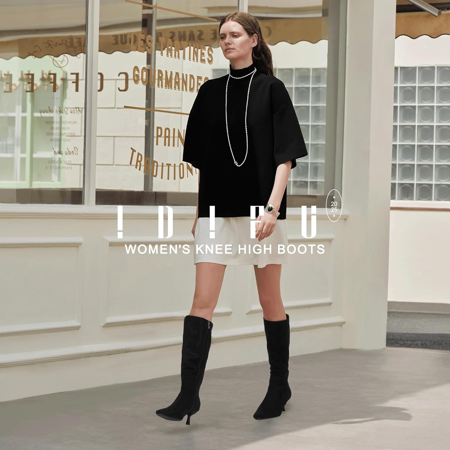image:imageIDIFU IN3 Knee High Boots for Women Square Toe Low Kitten Heel Tall Long Fall Boot with Side Zipper Dress Comfortable Fashion Pull On Small Heel GoGo Heeled BootsBlack Suede
