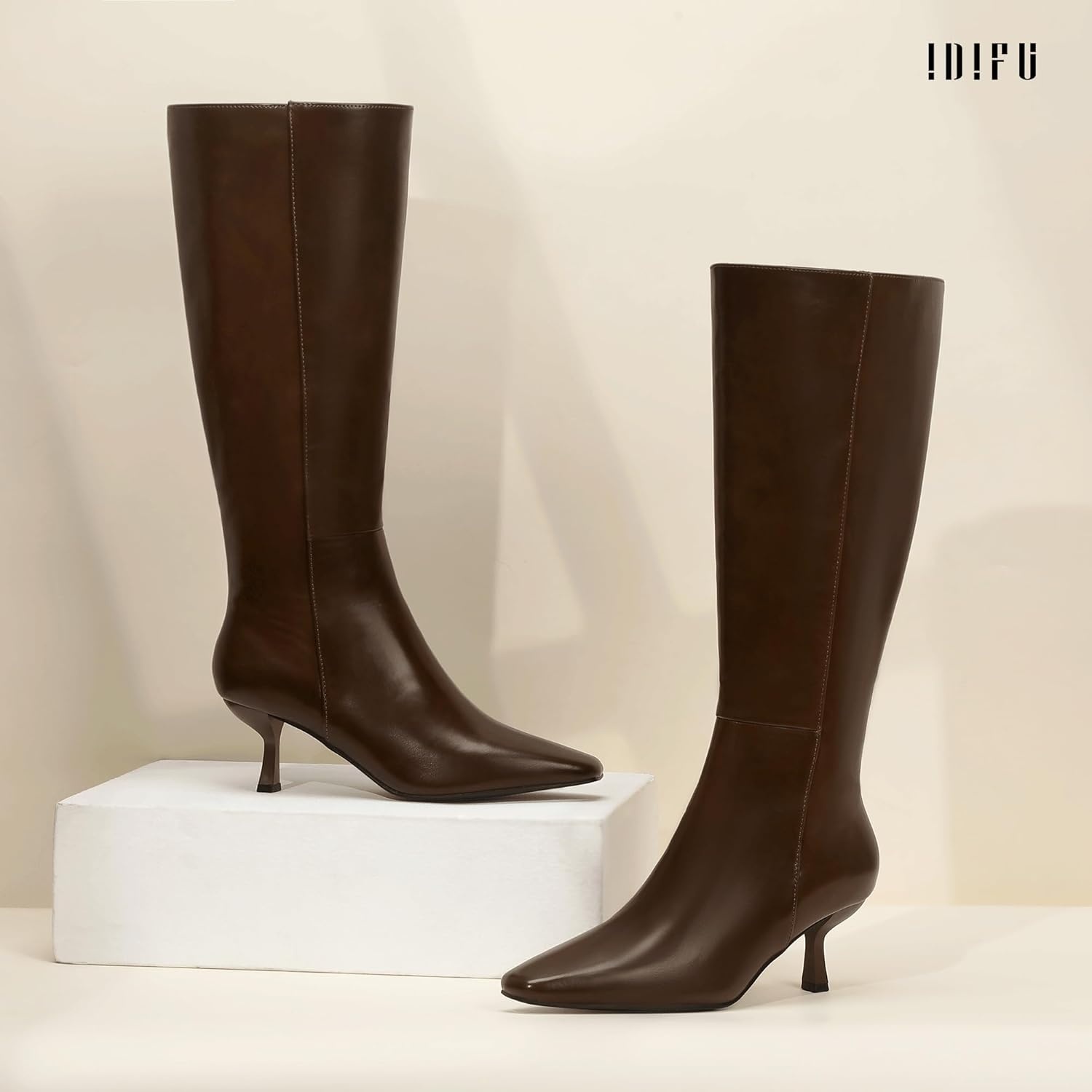 image:imageIDIFU IN3 Knee High Boots for Women Square Toe Low Kitten Heel Tall Long Fall Boot with Side Zipper Dress Comfortable Fashion Pull On Small Heel GoGo Heeled BootsDark Brown Pu