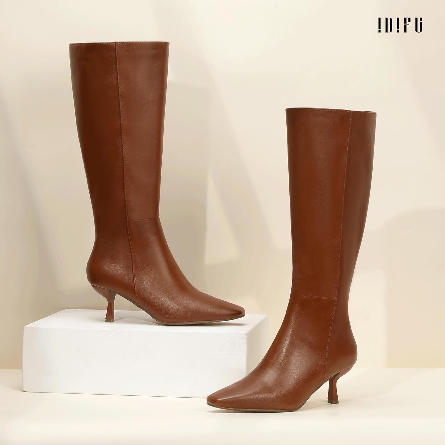 image:imageIDIFU IN3 Knee High Boots for Women Square Toe Low Kitten Heel Tall Long Fall Boot with Side Zipper Dress Comfortable Fashion Pull On Small Heel GoGo Heeled BootsBrown Pu