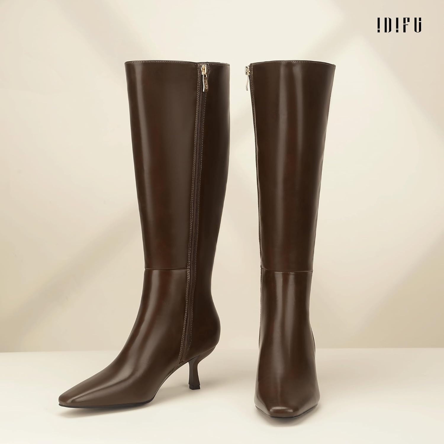 image:imageIDIFU IN3 Knee High Boots for Women Square Toe Low Kitten Heel Tall Long Fall Boot with Side Zipper Dress Comfortable Fashion Pull On Small Heel GoGo Heeled BootsDark Brown Pu