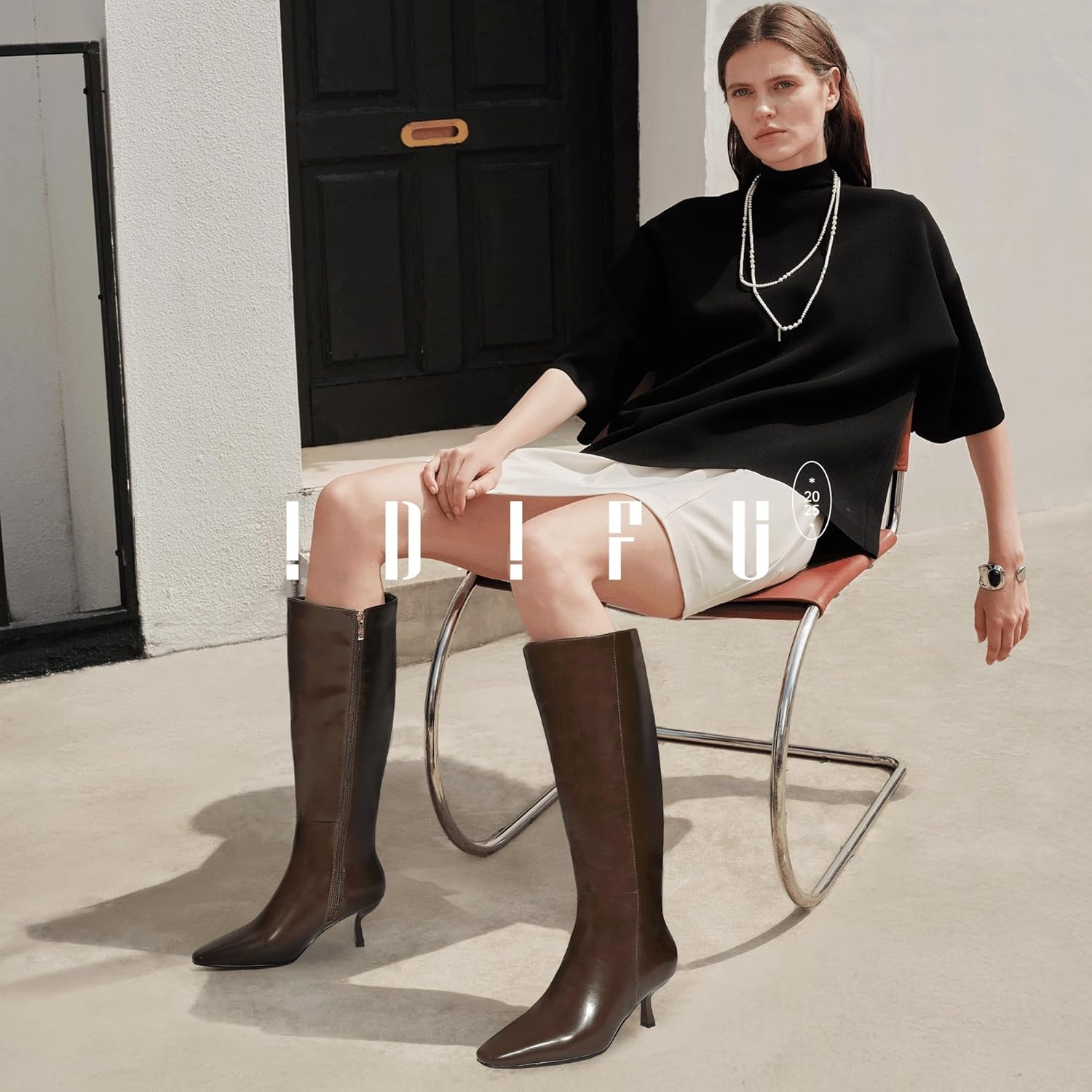 image:imageIDIFU IN3 Knee High Boots for Women Square Toe Low Kitten Heel Tall Long Fall Boot with Side Zipper Dress Comfortable Fashion Pull On Small Heel GoGo Heeled BootsDark Brown Pu