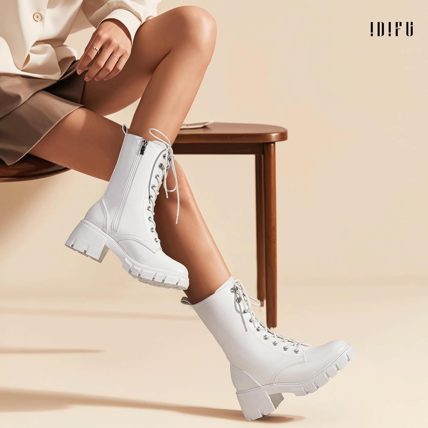 image:imageIDIFU IN3 Platform Combat Boots for Women Mid Calf Lace Up Boots Lug Sole Low Chunky Block Heel Boots Closed Round Toe Side Zipper Booties Fashion Thick Fall Heeled BootsLOOSEN ALL LACES FIRSTLYWhite Pu