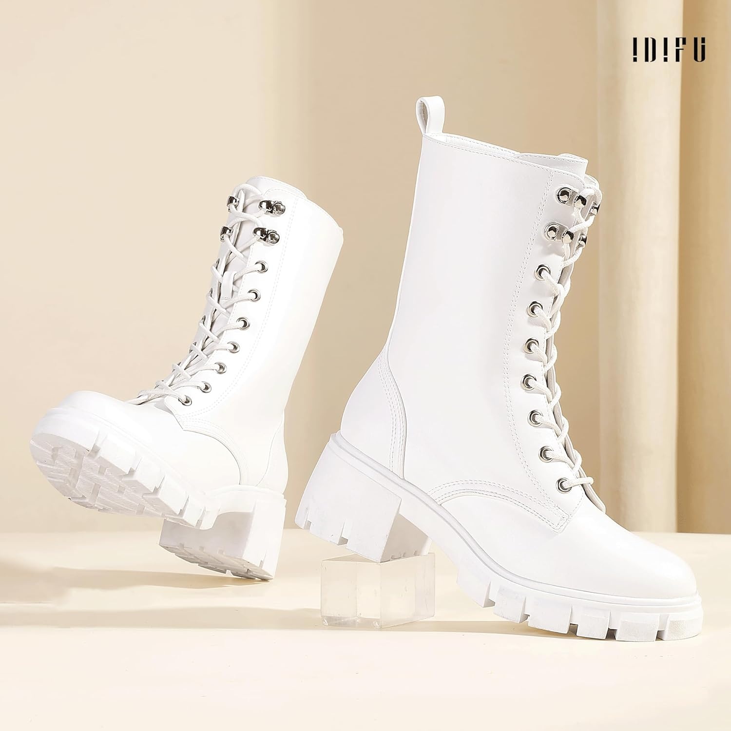 image:imageIDIFU IN3 Platform Combat Boots for Women Mid Calf Lace Up Boots Lug Sole Low Chunky Block Heel Boots Closed Round Toe Side Zipper Booties Fashion Thick Fall Heeled BootsLOOSEN ALL LACES FIRSTLYWhite Pu