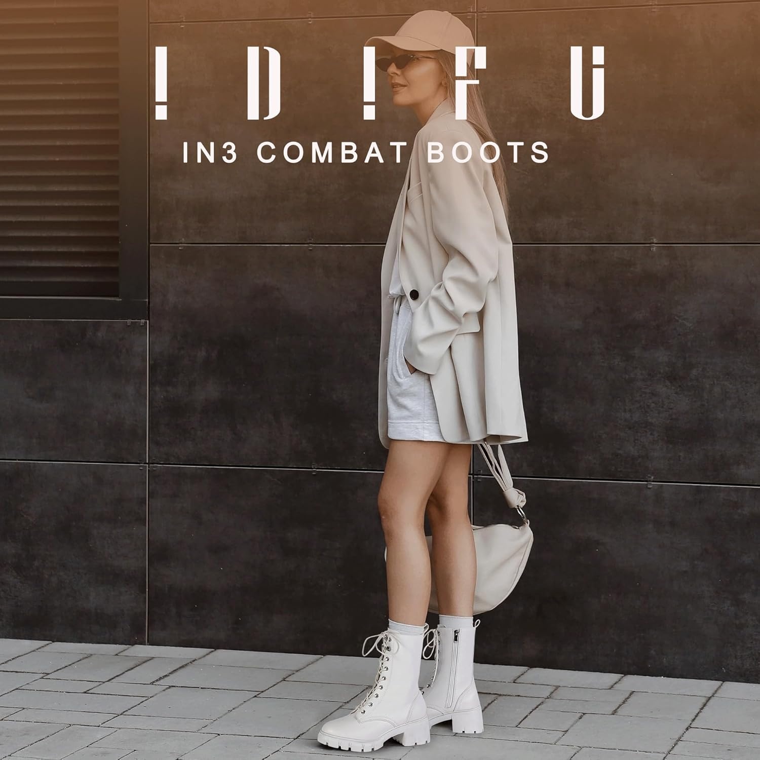 image:imageIDIFU IN3 Platform Combat Boots for Women Mid Calf Lace Up Boots Lug Sole Low Chunky Block Heel Boots Closed Round Toe Side Zipper Booties Fashion Thick Fall Heeled BootsLOOSEN ALL LACES FIRSTLYWhite Pu