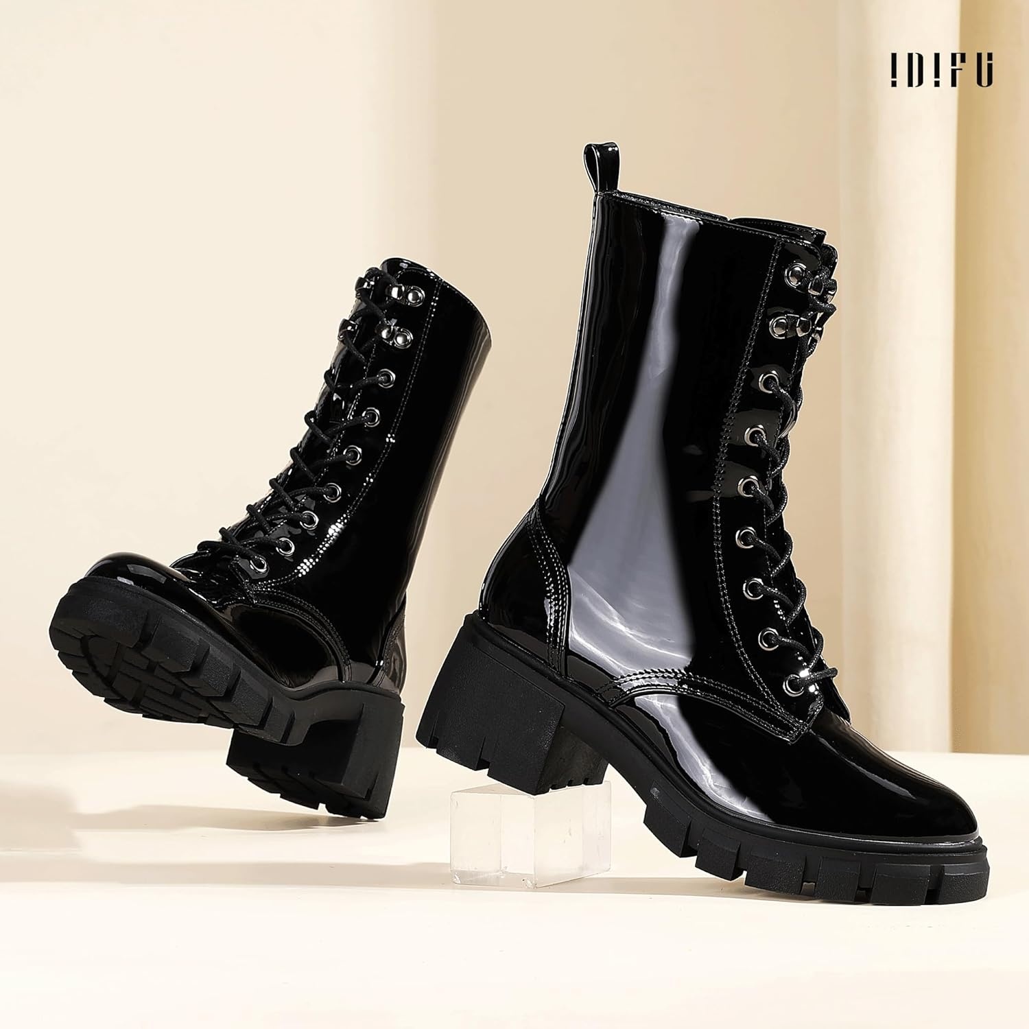 image:imageIDIFU IN3 Platform Combat Boots for Women Mid Calf Lace Up Boots Lug Sole Low Chunky Block Heel Boots Closed Round Toe Side Zipper Booties Fashion Thick Fall Heeled BootsLOOSEN ALL LACES FIRSTLYBlack Patent