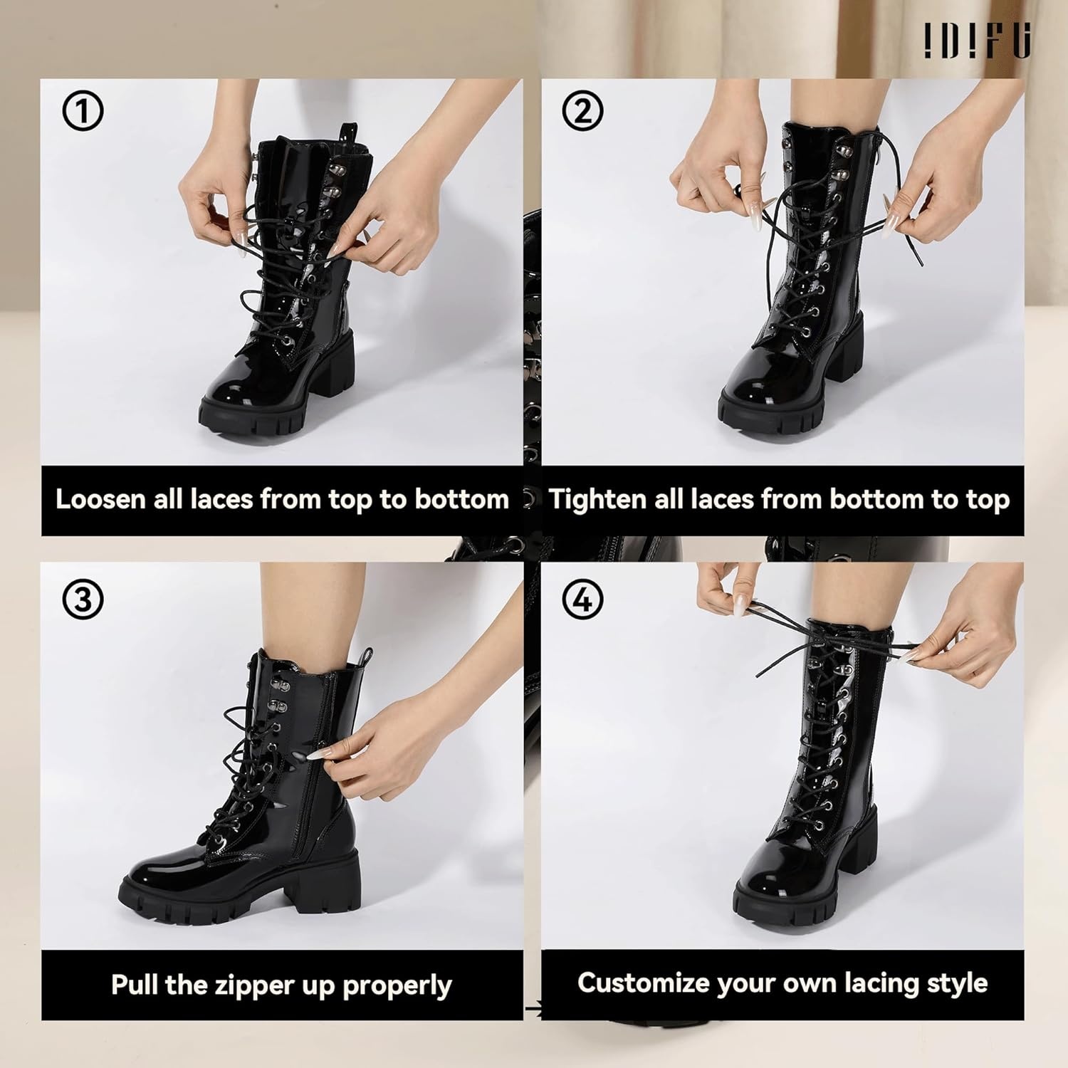 image:imageIDIFU IN3 Platform Combat Boots for Women Mid Calf Lace Up Boots Lug Sole Low Chunky Block Heel Boots Closed Round Toe Side Zipper Booties Fashion Thick Fall Heeled BootsLOOSEN ALL LACES FIRSTLYBlack Patent