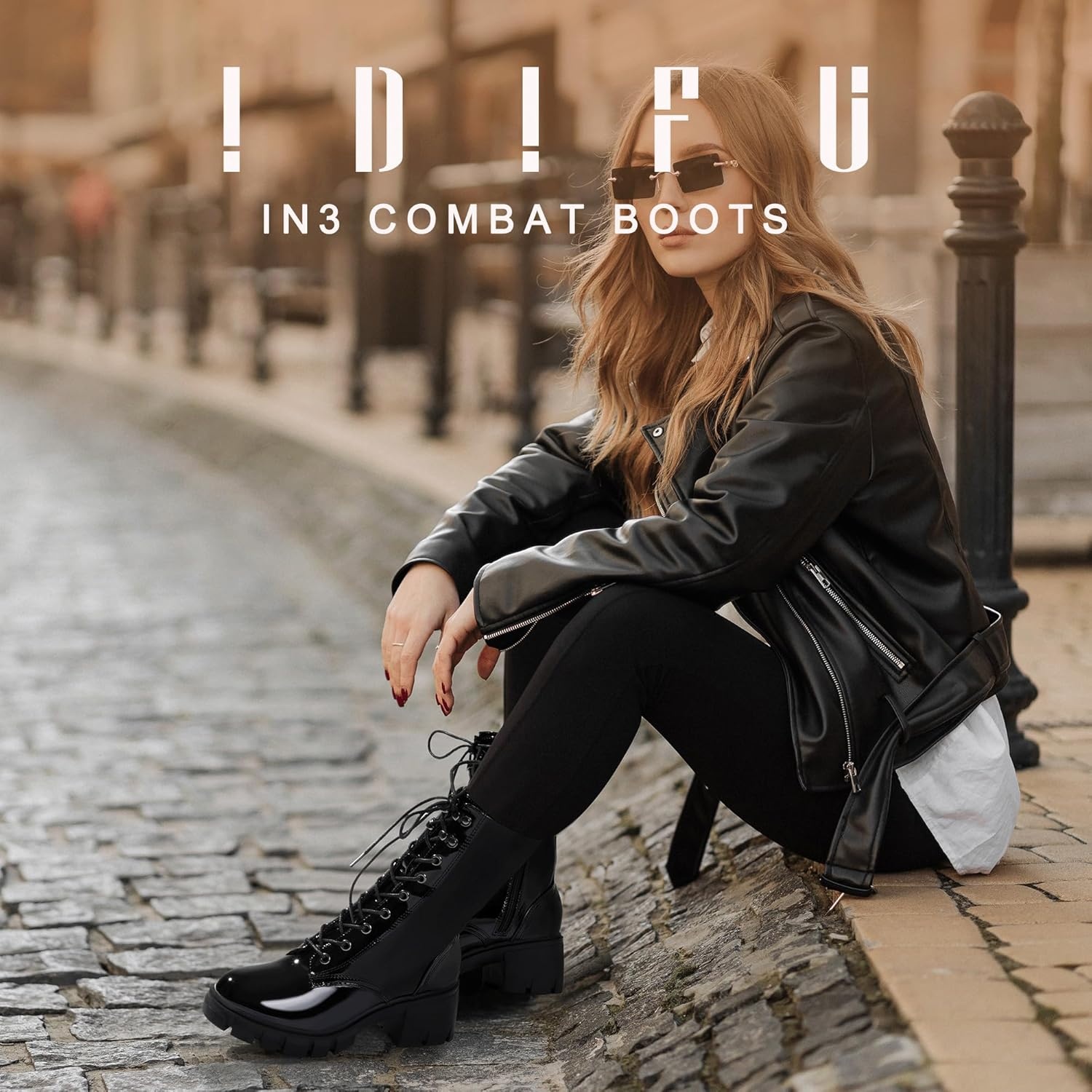 image:imageIDIFU IN3 Platform Combat Boots for Women Mid Calf Lace Up Boots Lug Sole Low Chunky Block Heel Boots Closed Round Toe Side Zipper Booties Fashion Thick Fall Heeled BootsLOOSEN ALL LACES FIRSTLYBlack Patent