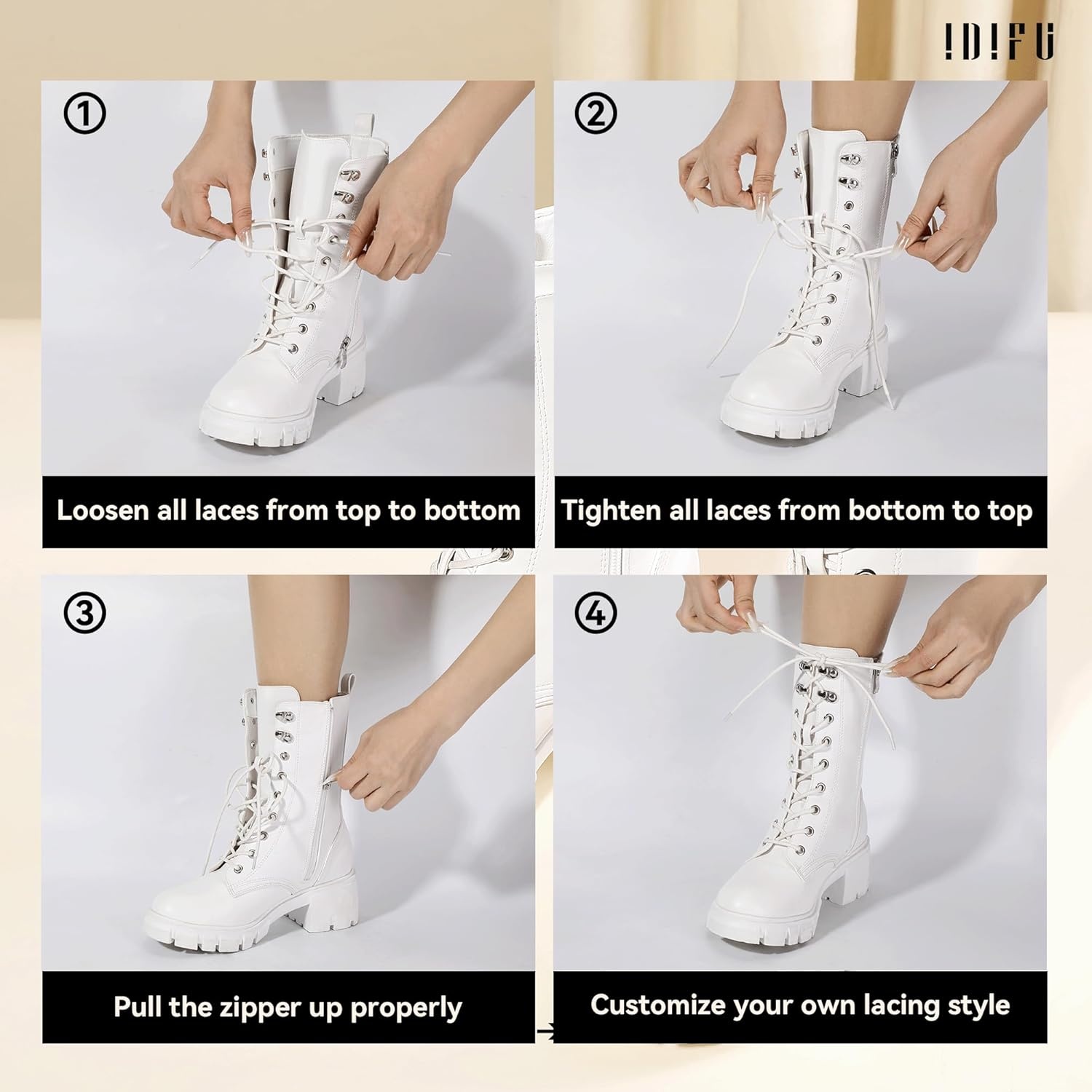 image:imageIDIFU IN3 Platform Combat Boots for Women Mid Calf Lace Up Boots Lug Sole Low Chunky Block Heel Boots Closed Round Toe Side Zipper Booties Fashion Thick Fall Heeled BootsLOOSEN ALL LACES FIRSTLYWhite Pu
