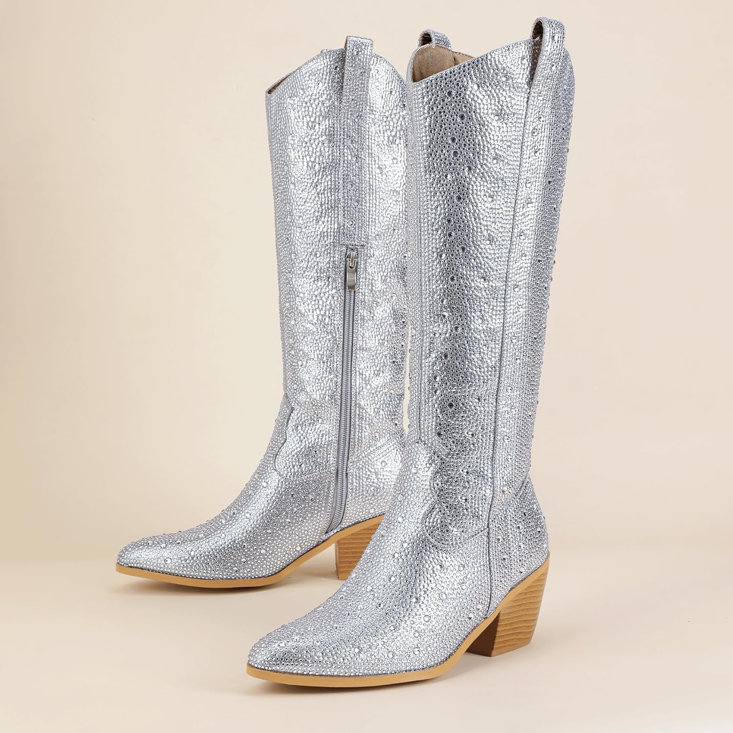 image:imageIDIFU IN3 Rhinestone Cowboy Boots For Women Knee High Western Cowgirl Boots Pointed Toe Block Chunky Heels Sparkly Glitter Long Tall Dress Booties Party Bling Shiny BootsRhinestone