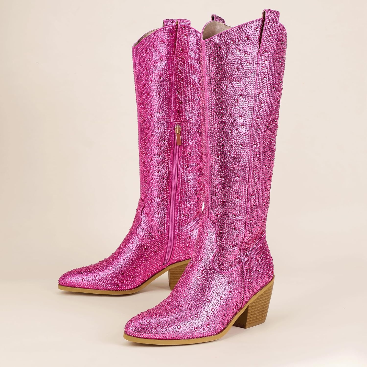 image:imageIDIFU IN3 Rhinestone Cowboy Boots For Women Knee High Western Cowgirl Boots Pointed Toe Block Chunky Heels Sparkly Glitter Long Tall Dress Booties Party Bling Shiny BootsHot Pink Rhinestone