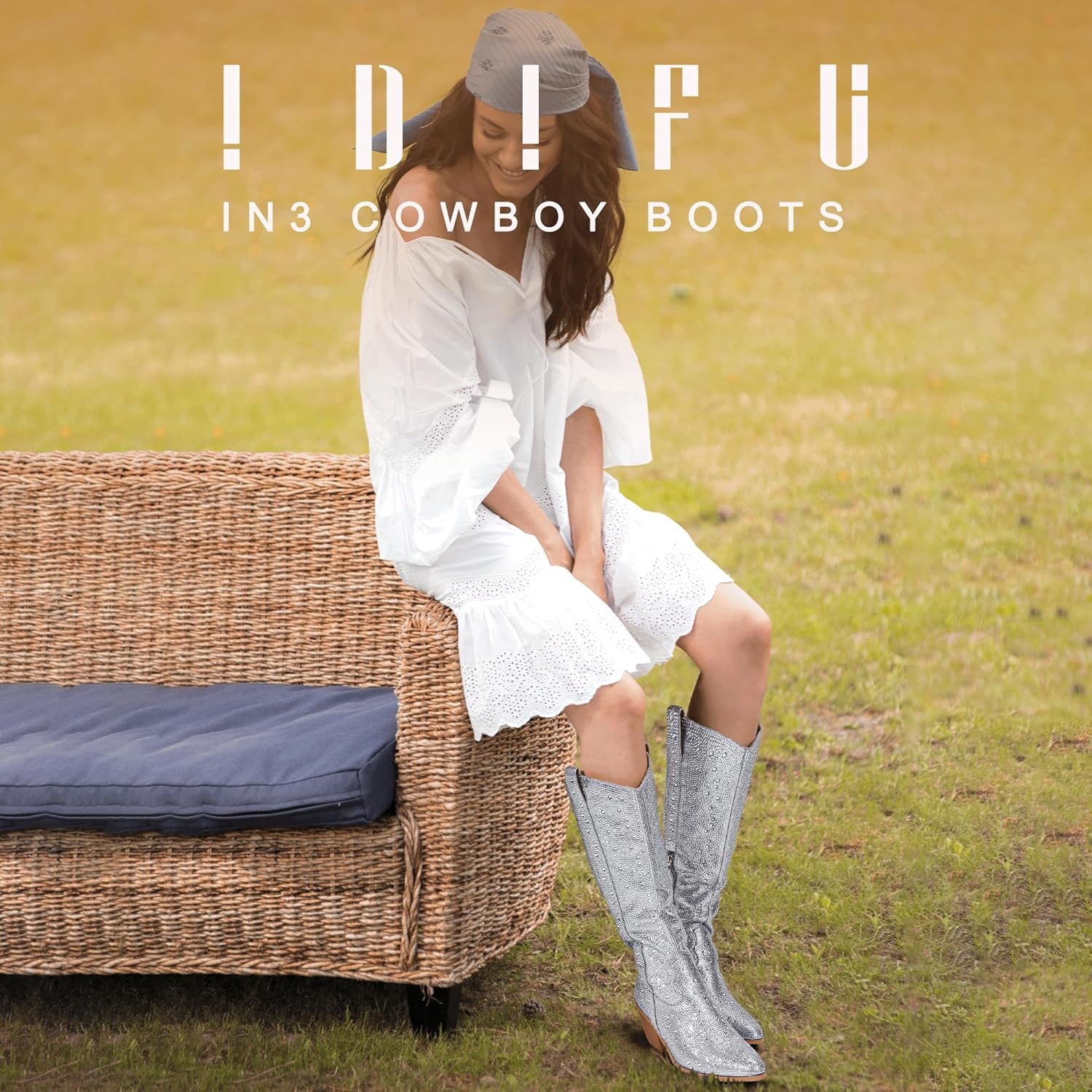image:imageIDIFU IN3 Rhinestone Cowboy Boots For Women Knee High Western Cowgirl Boots Pointed Toe Block Chunky Heels Sparkly Glitter Long Tall Dress Booties Party Bling Shiny BootsRhinestone