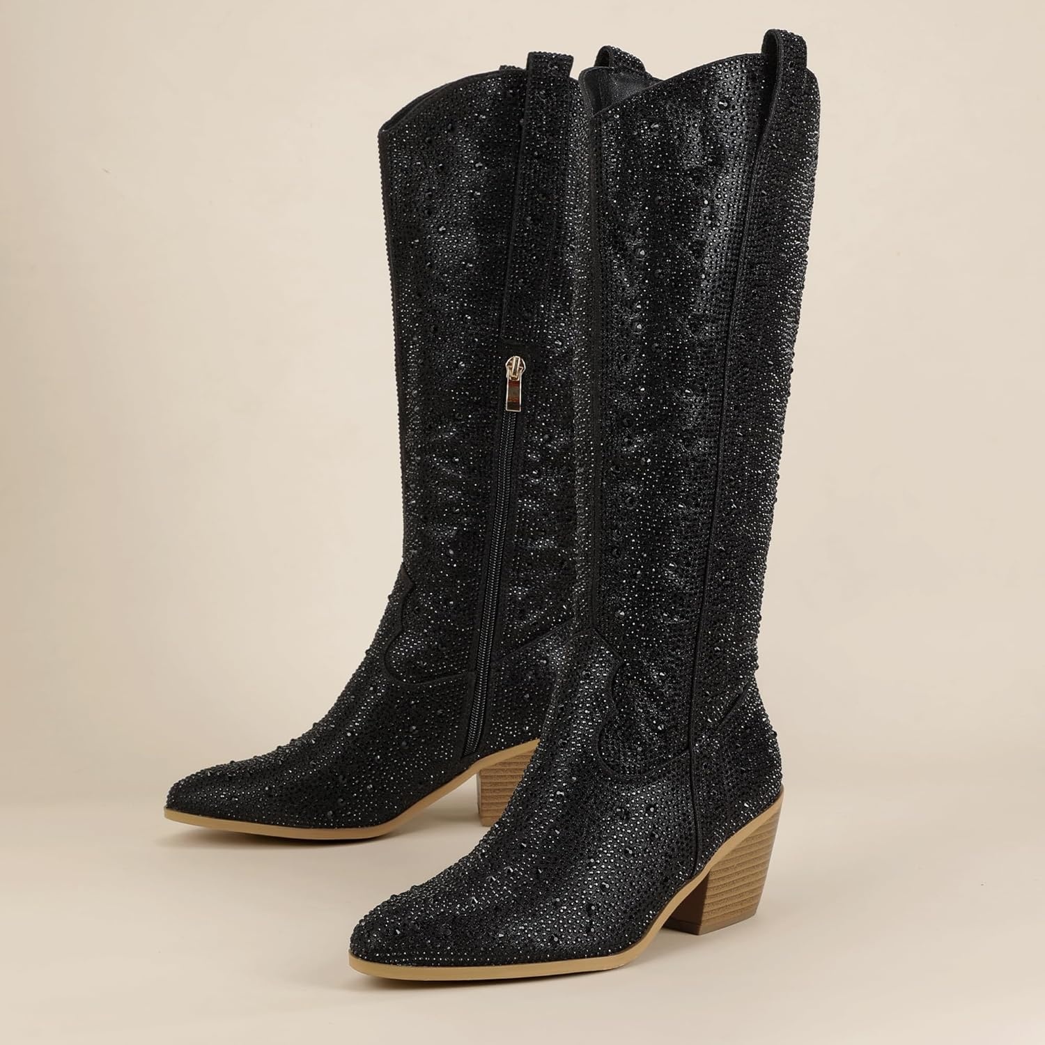 image:imageIDIFU IN3 Rhinestone Cowboy Boots For Women Knee High Western Cowgirl Boots Pointed Toe Block Chunky Heels Sparkly Glitter Long Tall Dress Booties Party Bling Shiny BootsBlack Rhinestone