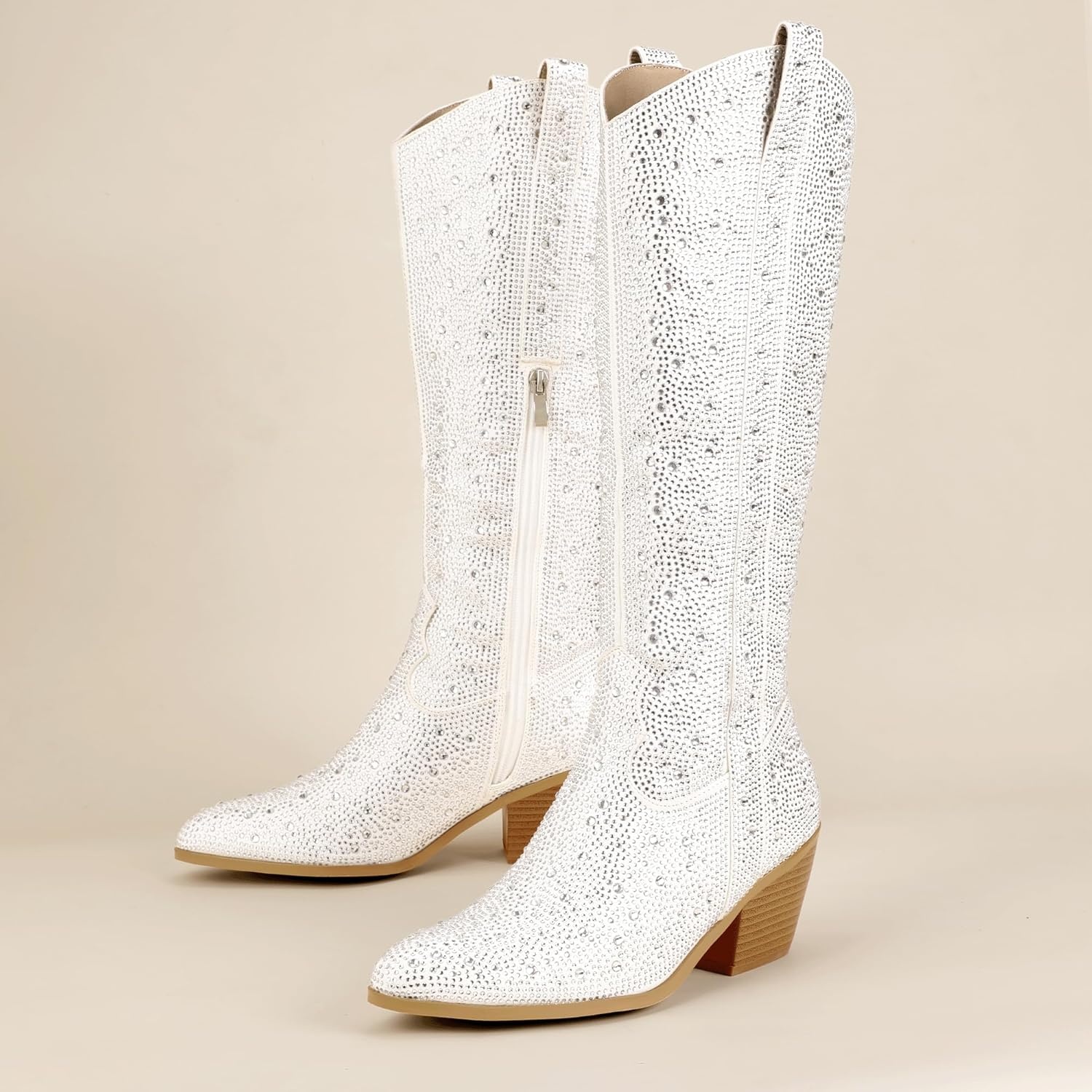 image:imageIDIFU IN3 Rhinestone Cowboy Boots For Women Knee High Western Cowgirl Boots Pointed Toe Block Chunky Heels Sparkly Glitter Long Tall Dress Booties Party Bling Shiny BootsWhite Rhinestone