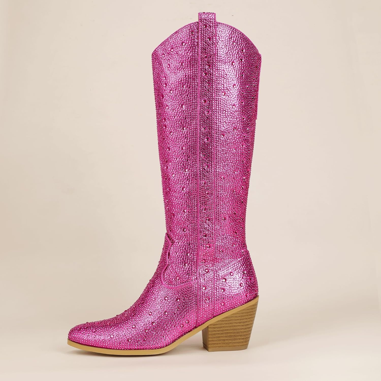 image:imageIDIFU IN3 Rhinestone Cowboy Boots For Women Knee High Western Cowgirl Boots Pointed Toe Block Chunky Heels Sparkly Glitter Long Tall Dress Booties Party Bling Shiny BootsHot Pink Rhinestone