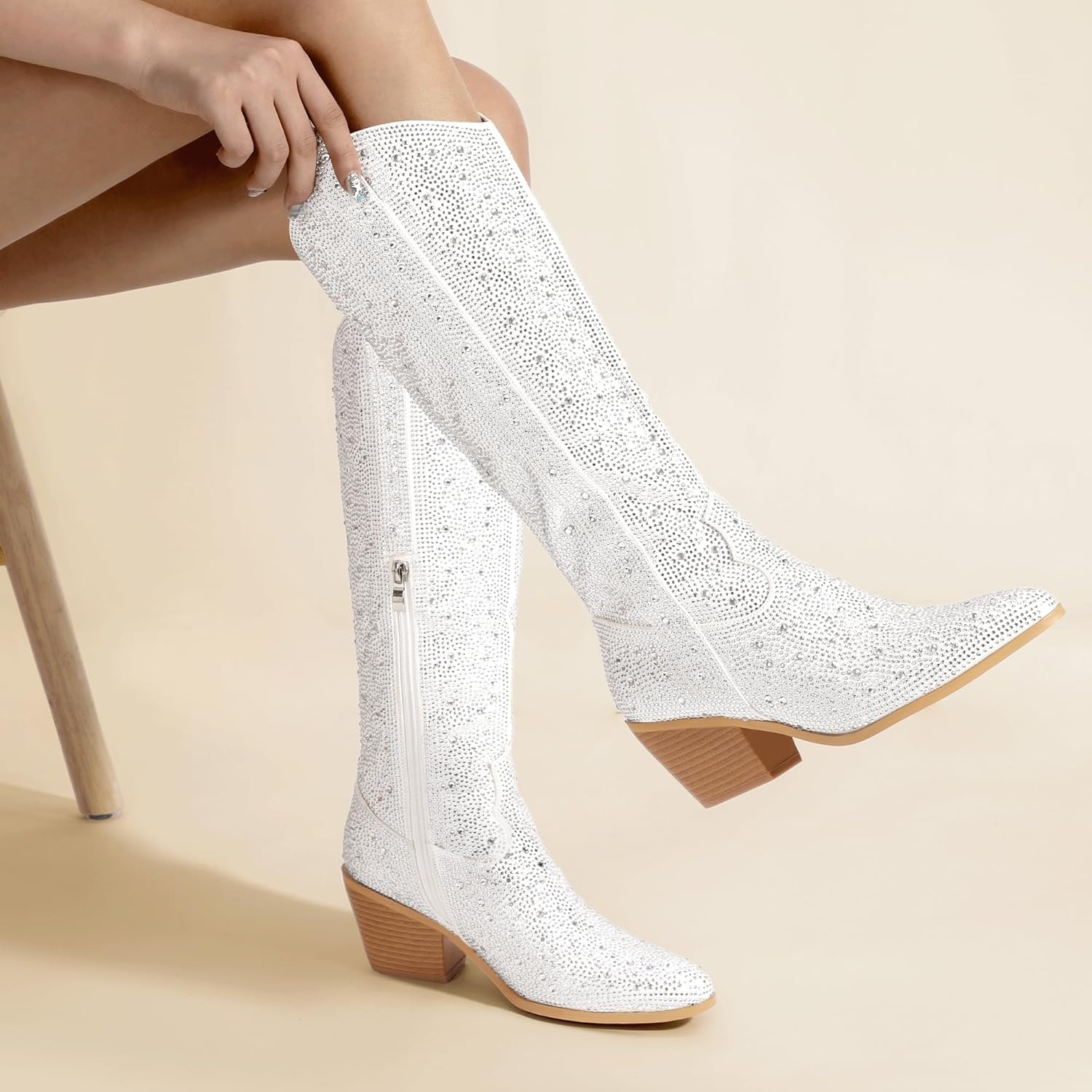 image:imageIDIFU IN3 Rhinestone Cowboy Boots For Women Knee High Western Cowgirl Boots Pointed Toe Block Chunky Heels Sparkly Glitter Long Tall Dress Booties Party Bling Shiny BootsWhite Rhinestone