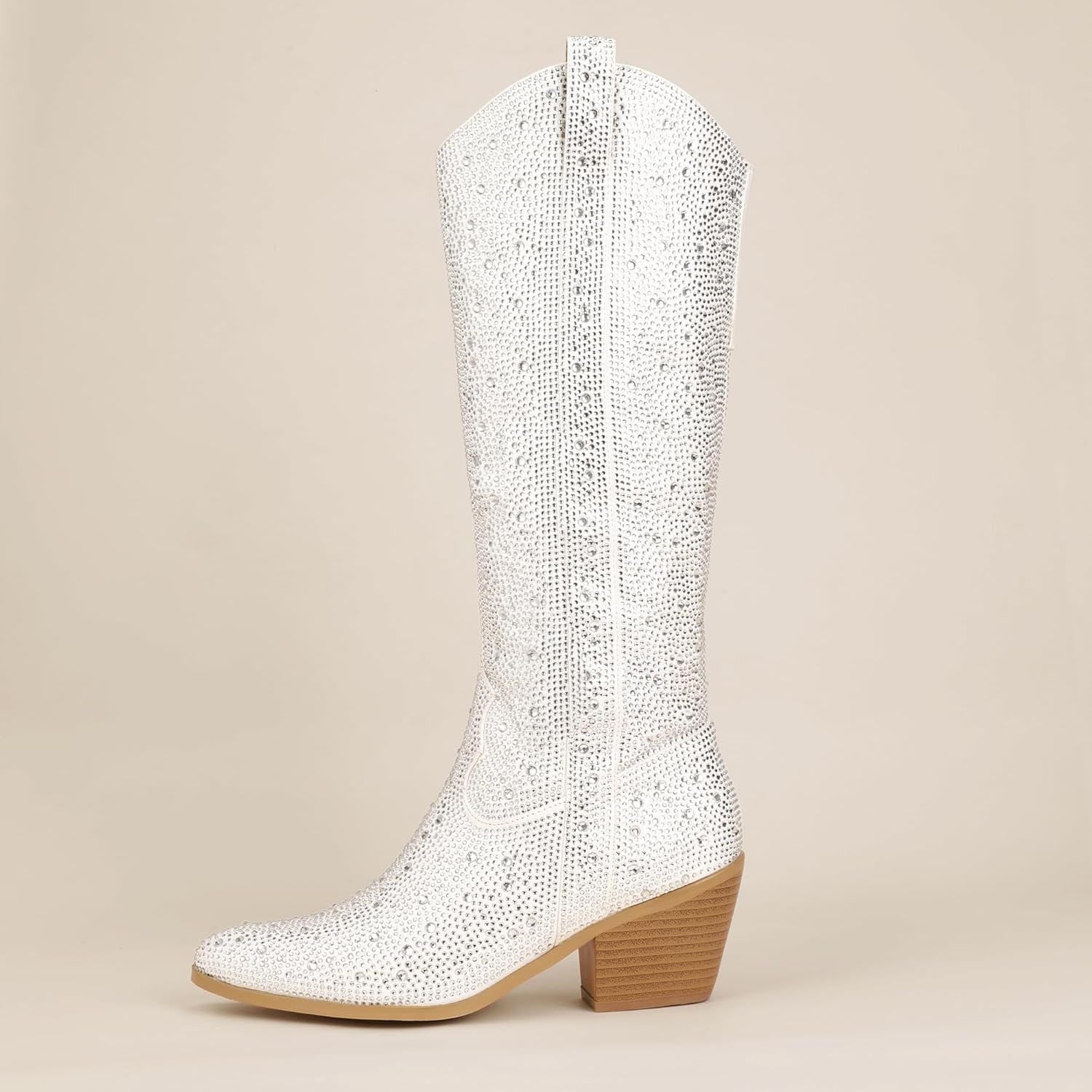 image:imageIDIFU IN3 Rhinestone Cowboy Boots For Women Knee High Western Cowgirl Boots Pointed Toe Block Chunky Heels Sparkly Glitter Long Tall Dress Booties Party Bling Shiny BootsWhite Rhinestone