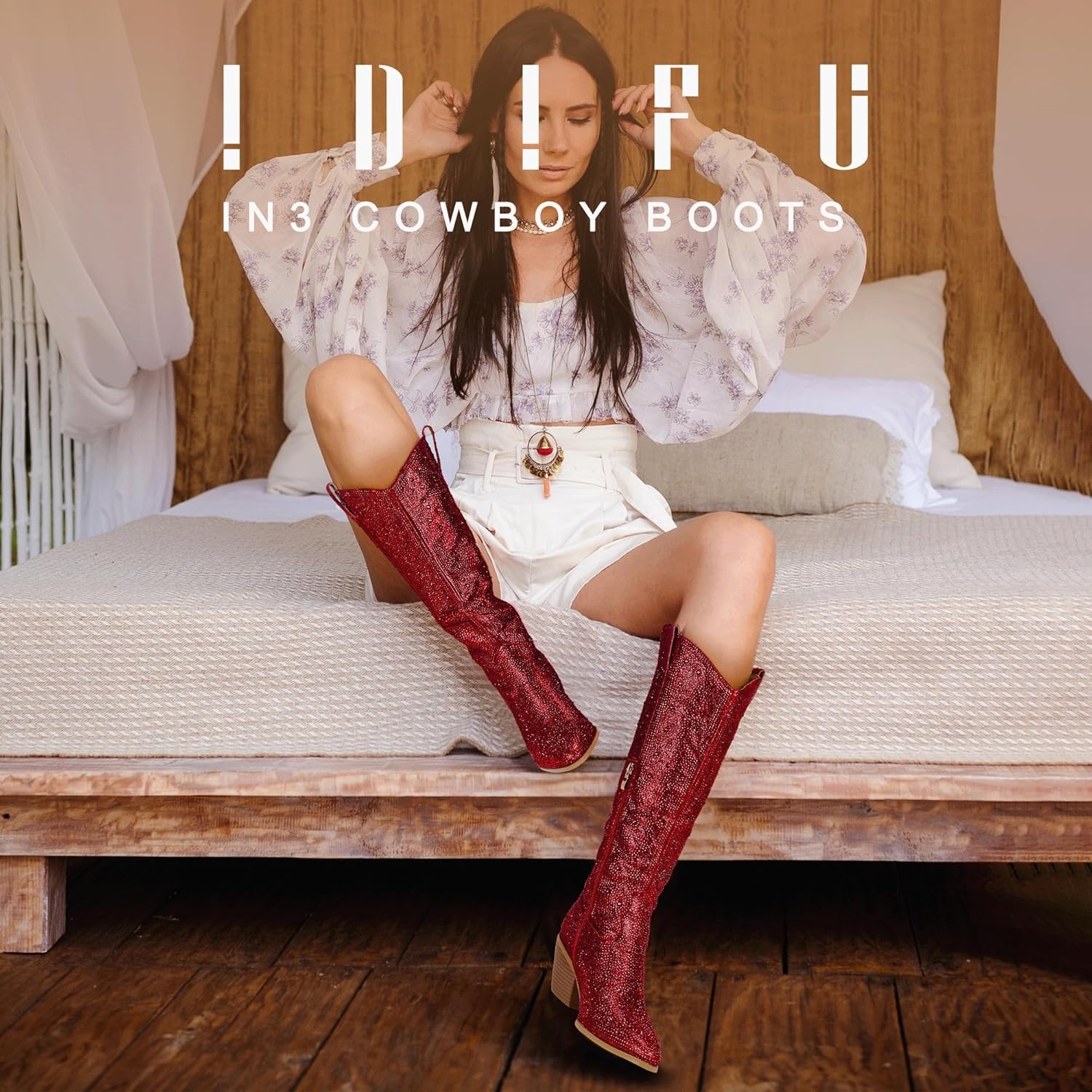 image:imageIDIFU IN3 Rhinestone Cowboy Boots For Women Knee High Western Cowgirl Boots Pointed Toe Block Chunky Heels Sparkly Glitter Long Tall Dress Booties Party Bling Shiny BootsRed Rhinestone