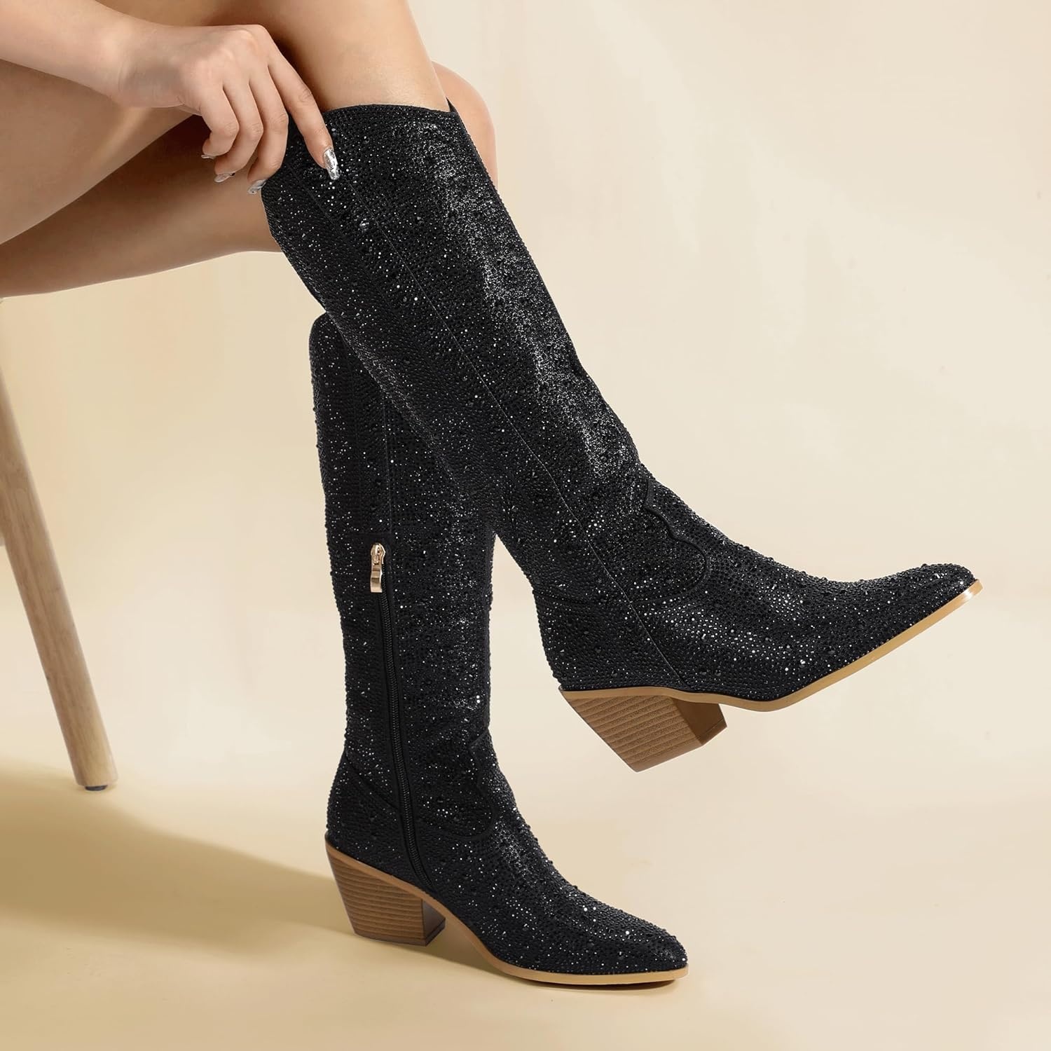 image:imageIDIFU IN3 Rhinestone Cowboy Boots For Women Knee High Western Cowgirl Boots Pointed Toe Block Chunky Heels Sparkly Glitter Long Tall Dress Booties Party Bling Shiny BootsBlack Rhinestone