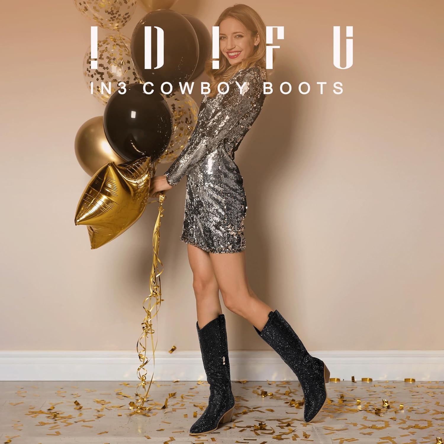 image:imageIDIFU IN3 Rhinestone Cowboy Boots For Women Knee High Western Cowgirl Boots Pointed Toe Block Chunky Heels Sparkly Glitter Long Tall Dress Booties Party Bling Shiny BootsBlack Rhinestone