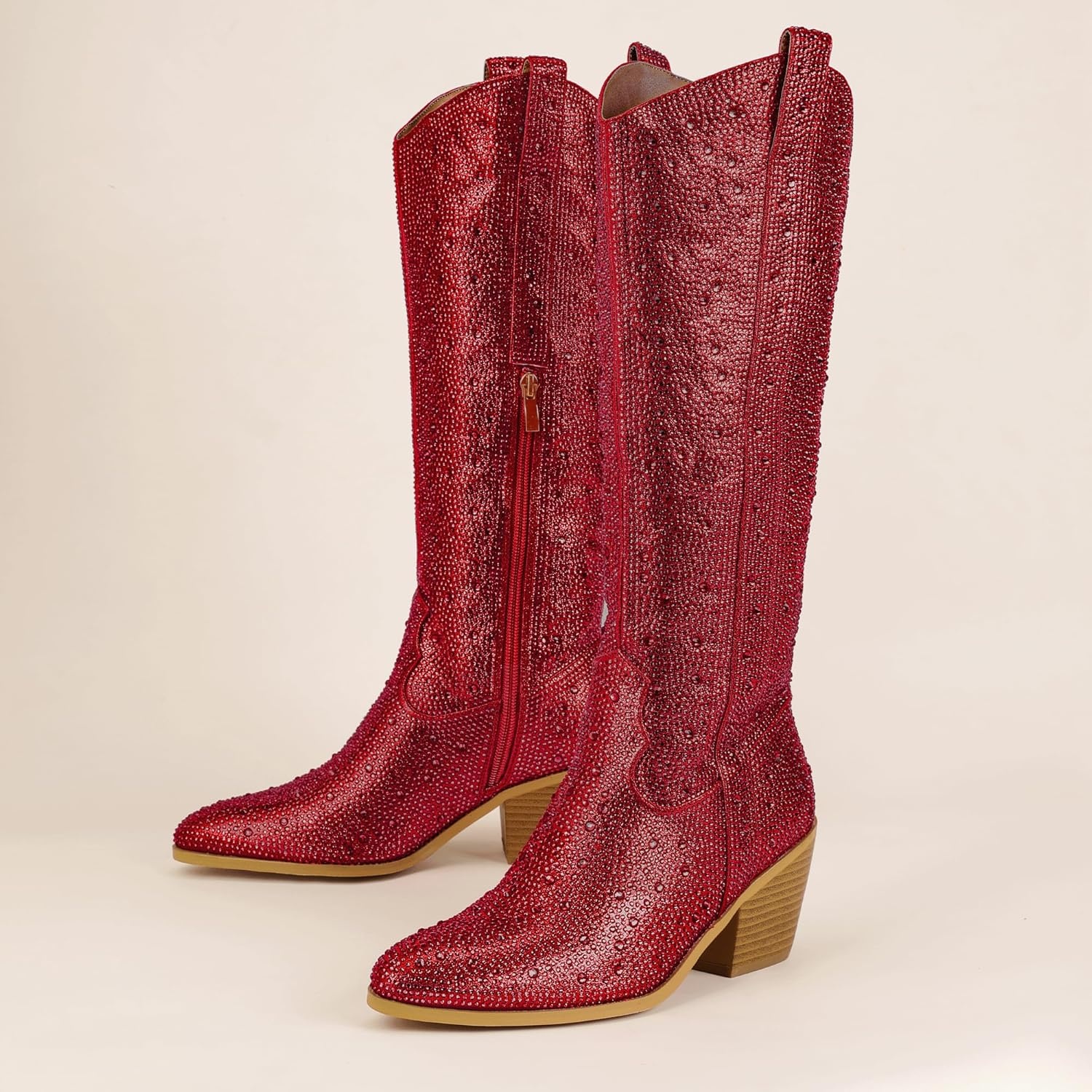 image:imageIDIFU IN3 Rhinestone Cowboy Boots For Women Knee High Western Cowgirl Boots Pointed Toe Block Chunky Heels Sparkly Glitter Long Tall Dress Booties Party Bling Shiny BootsRed Rhinestone