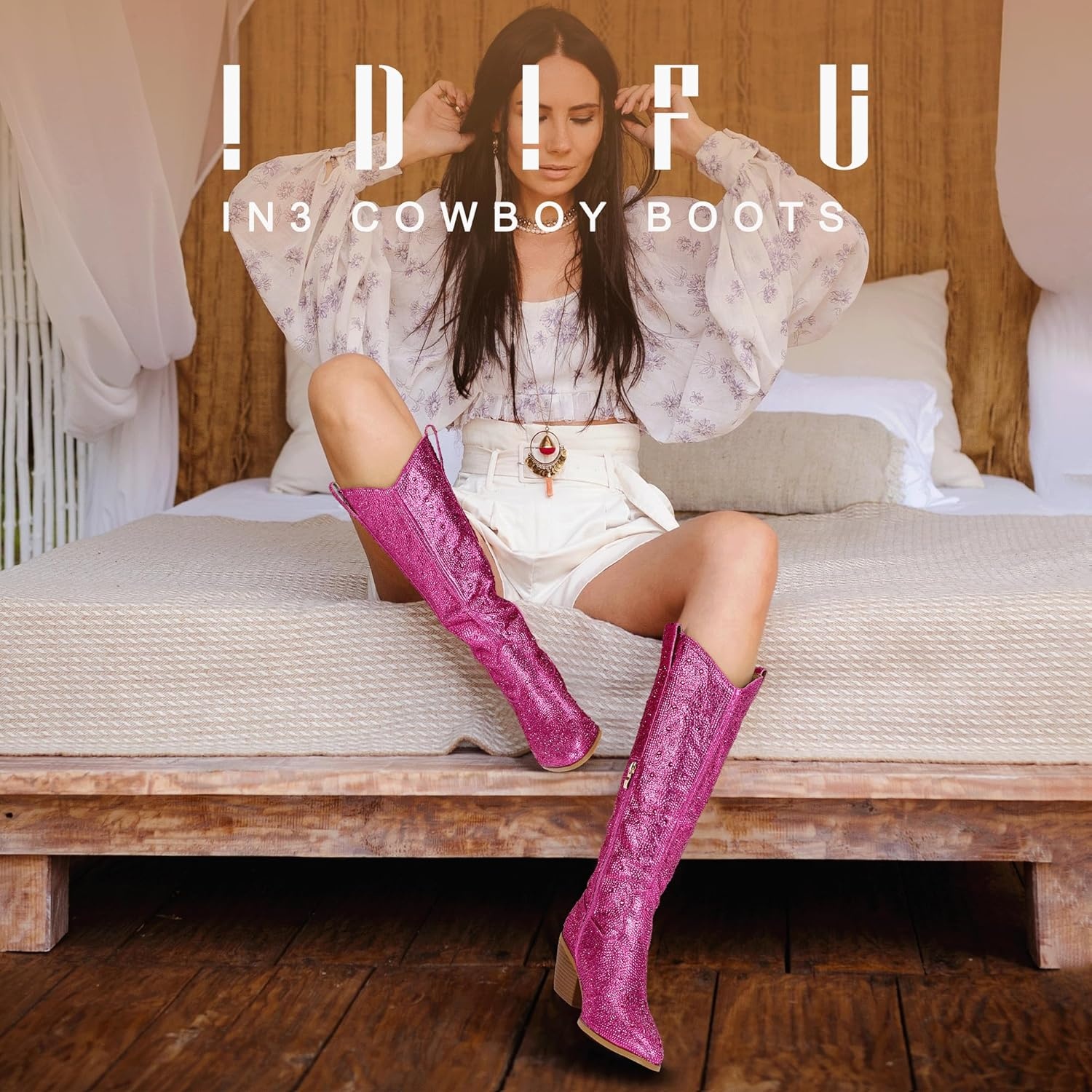 image:imageIDIFU IN3 Rhinestone Cowboy Boots For Women Knee High Western Cowgirl Boots Pointed Toe Block Chunky Heels Sparkly Glitter Long Tall Dress Booties Party Bling Shiny BootsHot Pink Rhinestone