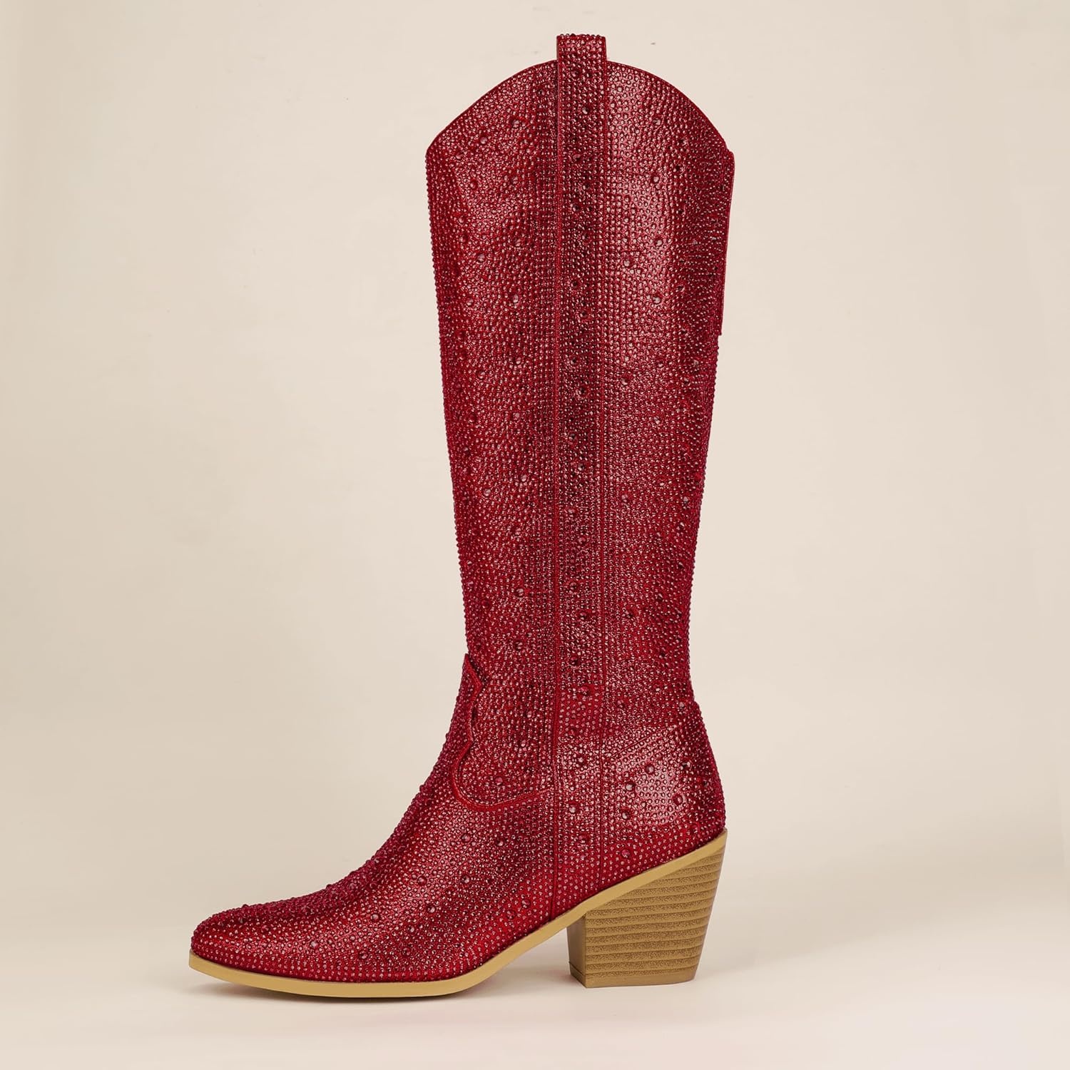 image:imageIDIFU IN3 Rhinestone Cowboy Boots For Women Knee High Western Cowgirl Boots Pointed Toe Block Chunky Heels Sparkly Glitter Long Tall Dress Booties Party Bling Shiny BootsRed Rhinestone