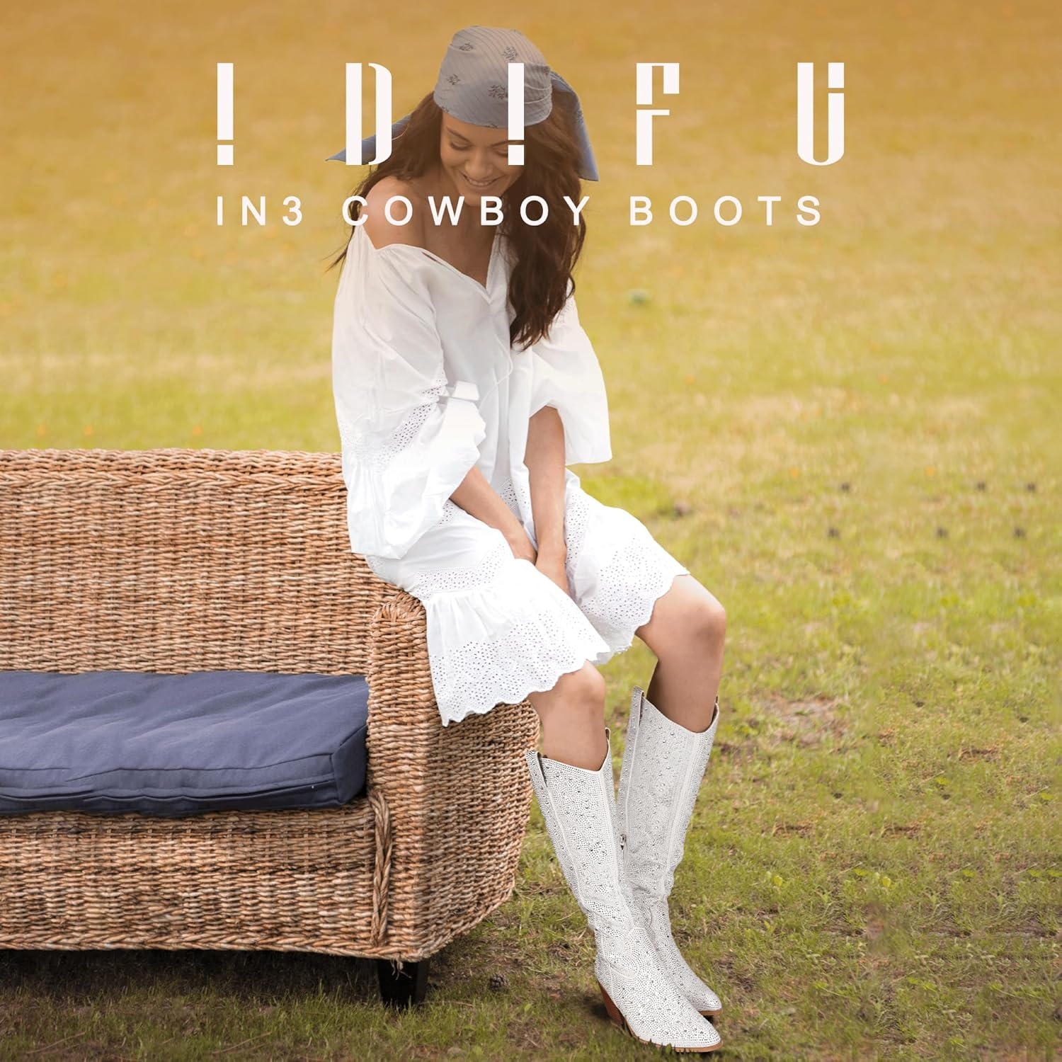 image:imageIDIFU IN3 Rhinestone Cowboy Boots For Women Knee High Western Cowgirl Boots Pointed Toe Block Chunky Heels Sparkly Glitter Long Tall Dress Booties Party Bling Shiny BootsWhite Rhinestone
